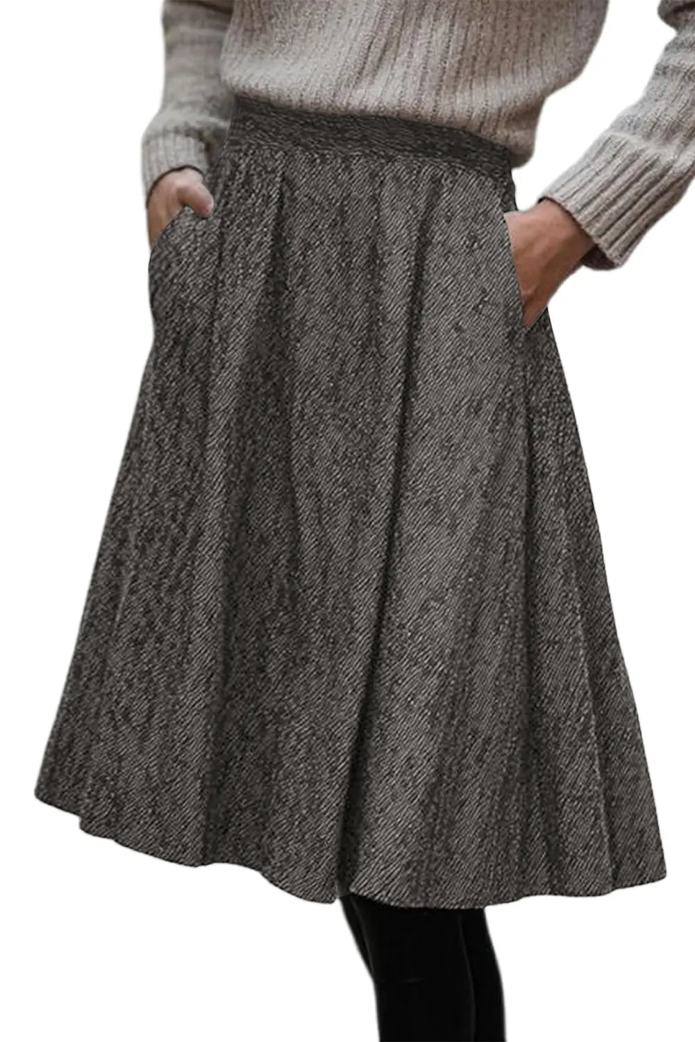 Solid Colour Textured Pleated Midi Skirt – Brown
