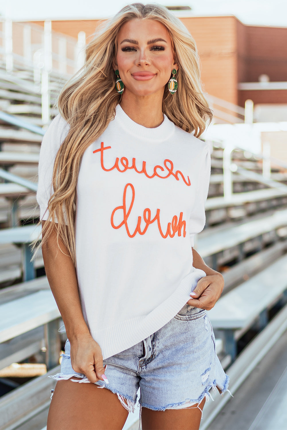 White Touchdown Tinsel Puff Short Sleeve Crew Neck Sweater eAura