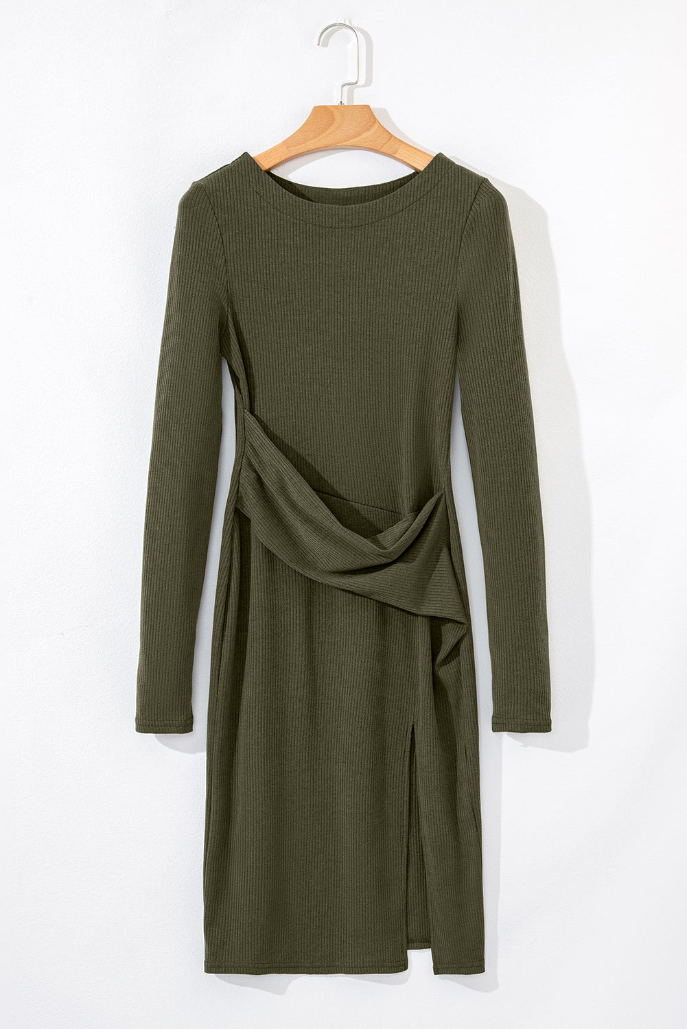 Jungle Green Ribbed Side Slit Ruched Slim Fit Long Sleeve Mini Dress Beagle Boutique Fashion Outlet