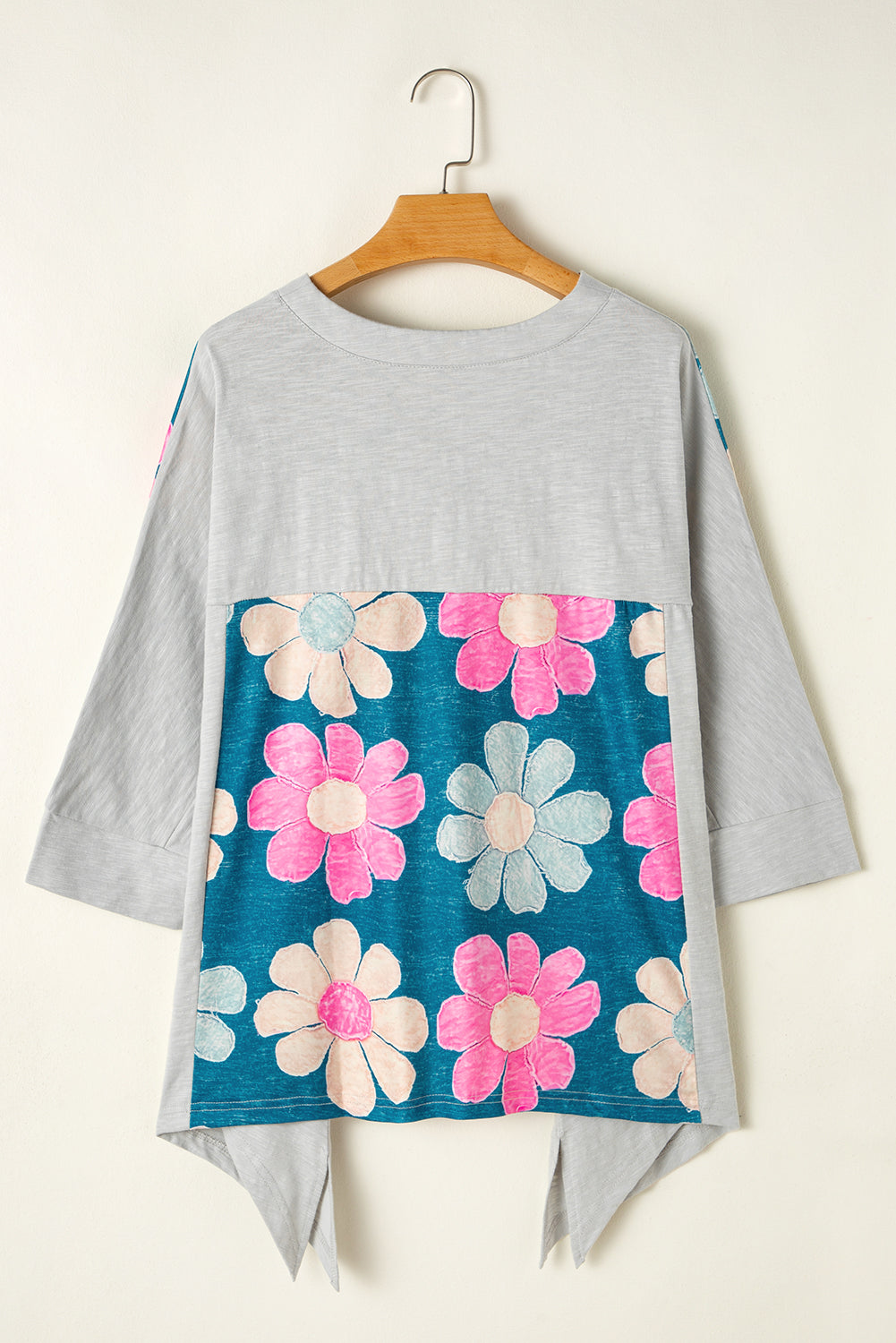 Pink Flower Patchwork Exposed Seam Oversized High Low Top eAura
