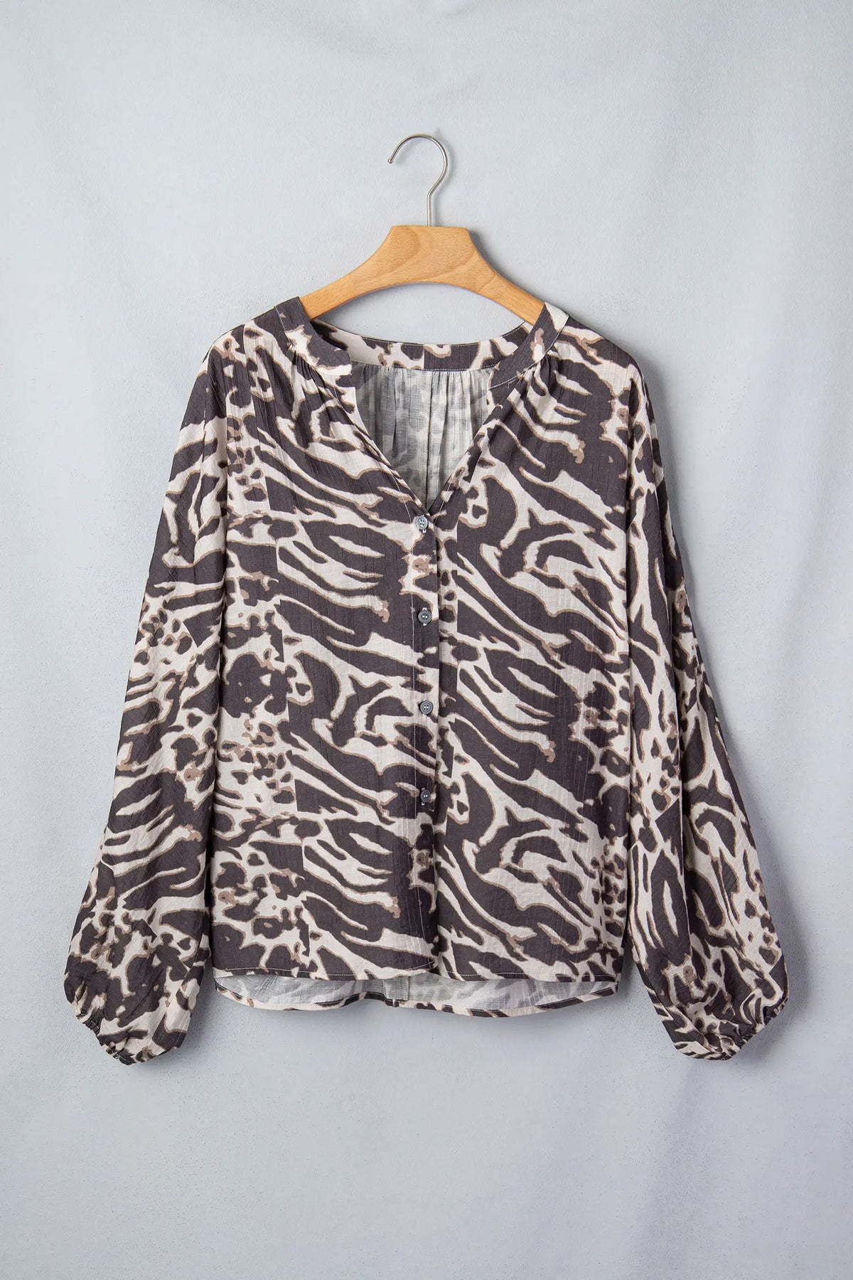 Parchment Leopard Print V Neck Button Down Balloon Sleeve Shirt