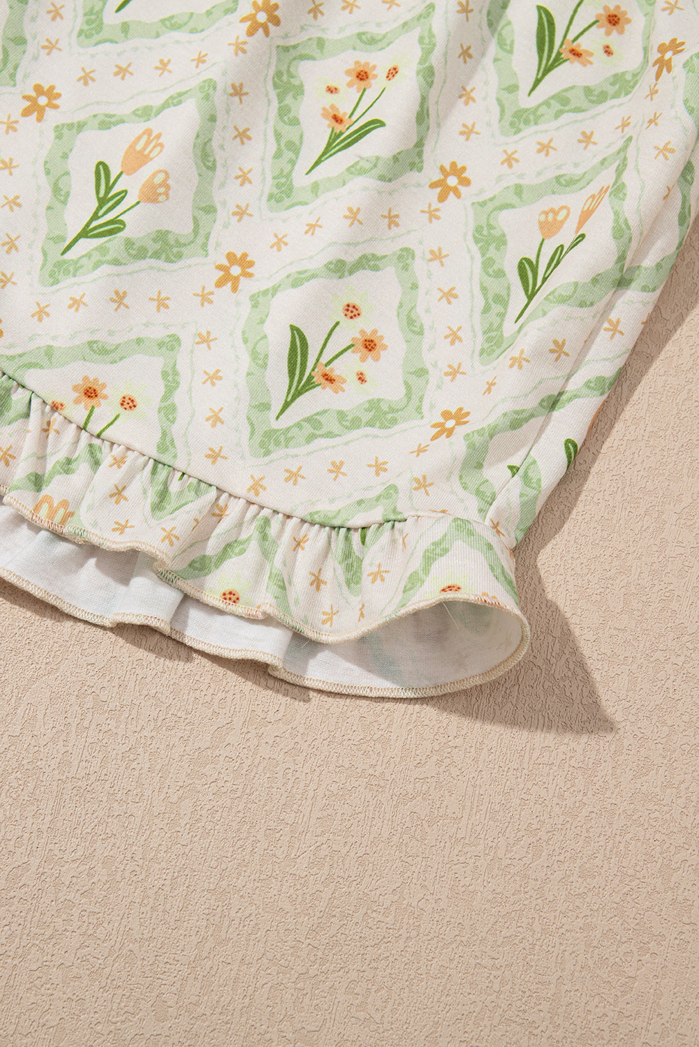 Green Floral Print Turn-down Collar Short Pyjamas Set eAura