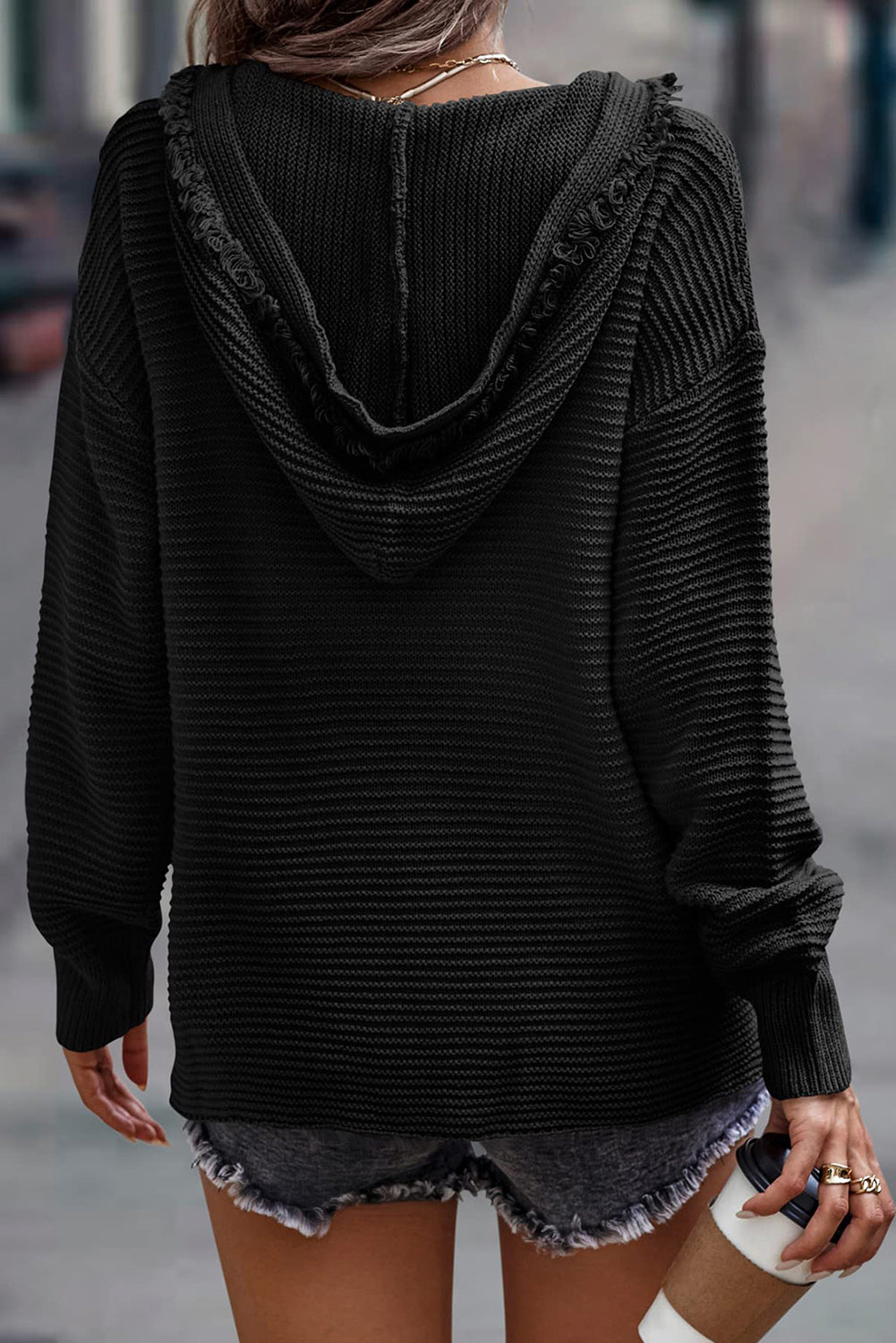 V-Neck Ribbed Drop Shoulder Hooded Sweater eAura