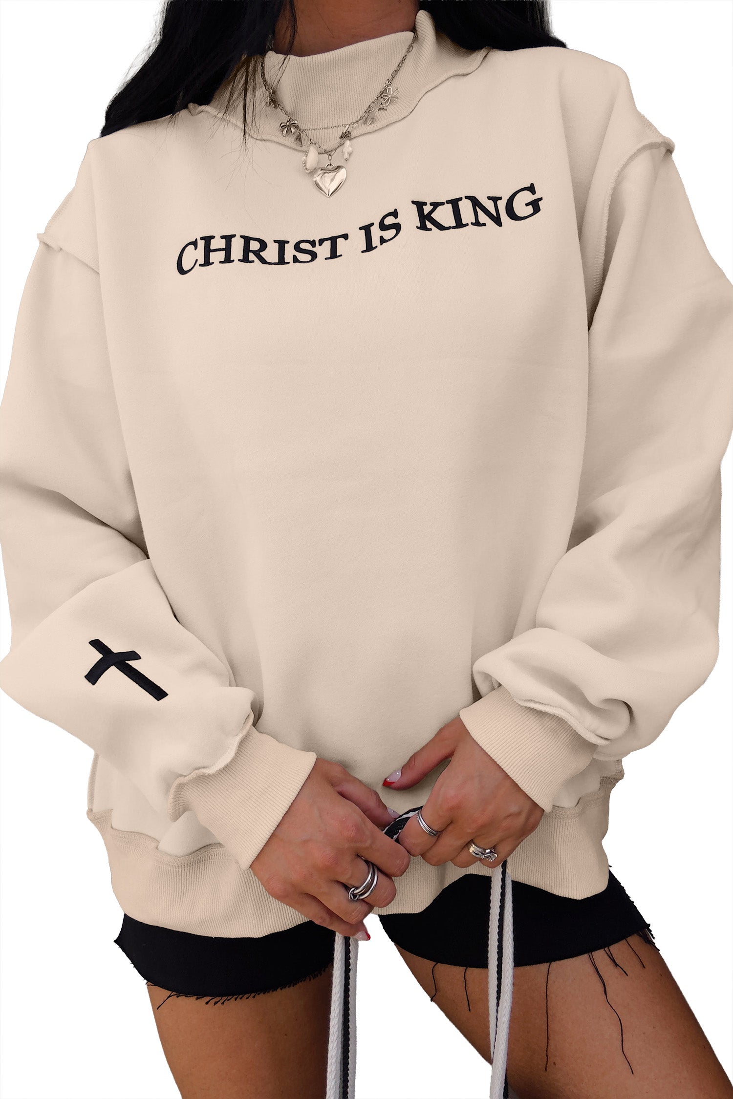 CHRIST IS KING Embroidery High Neck Baggy Sweatshirt – Beige