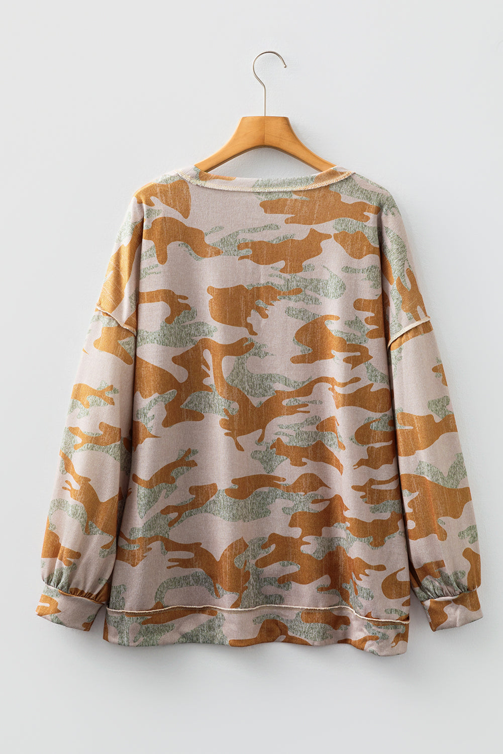 Retro Camouflage Print Exposed Seam Patchwork Drop Shoulder Sweatshirt - eAura