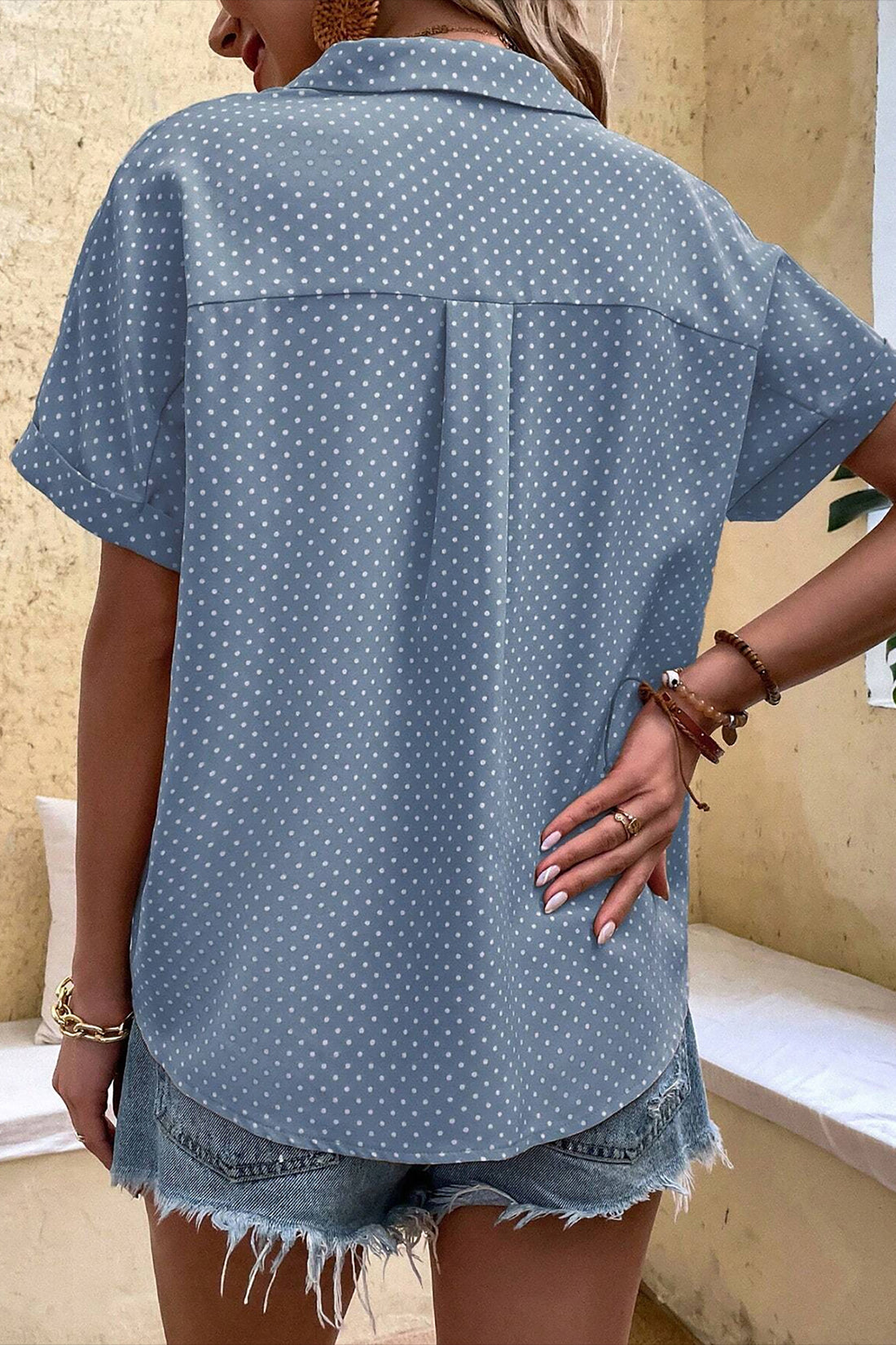 Dotted Print Cuffed Short Sleeve Shirt