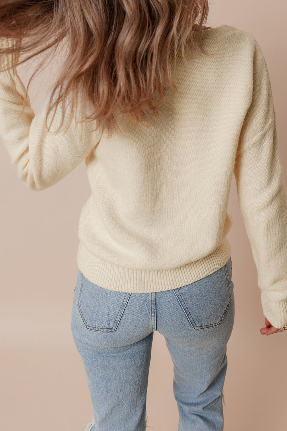 Light Blue Knitted Flower Pattern Ribbed Edge Sweater eAura