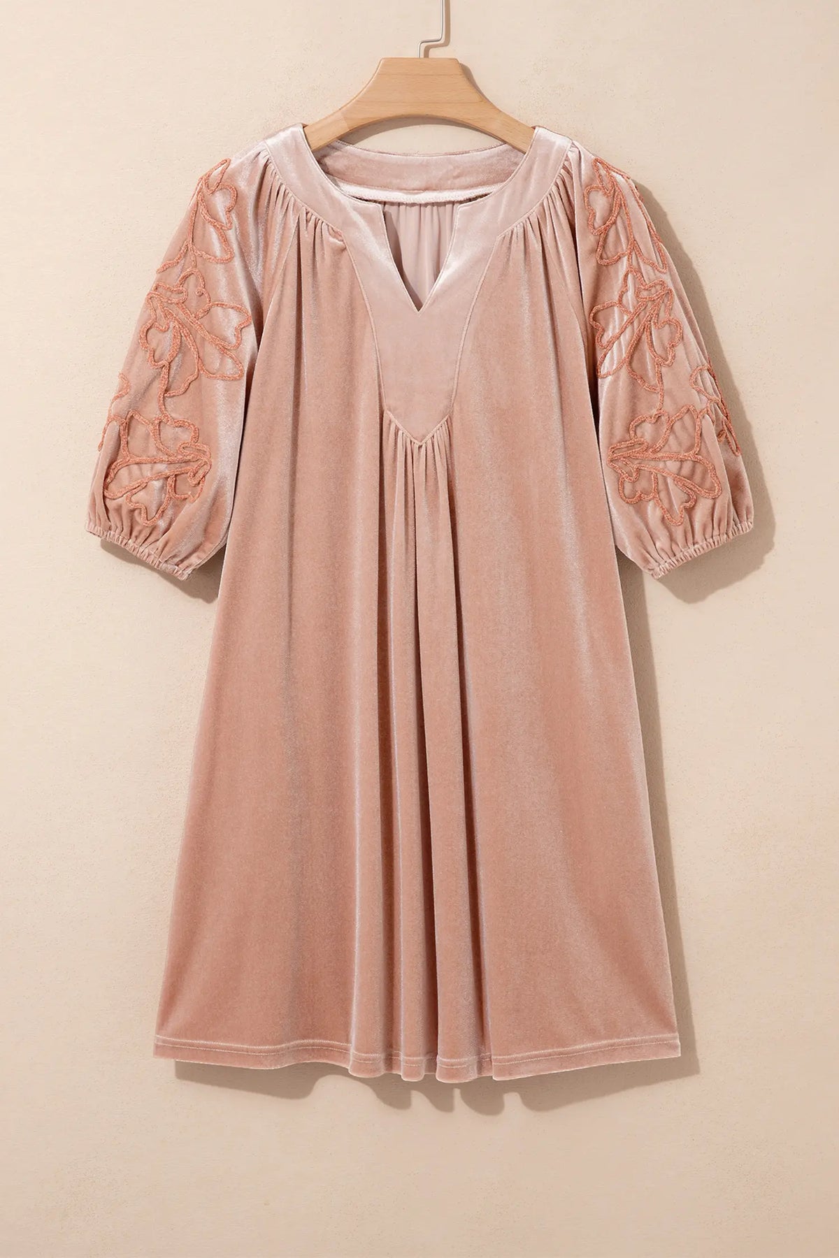 Embroidered Sleeve Velvet Mini Shift Dress – Light French Beige