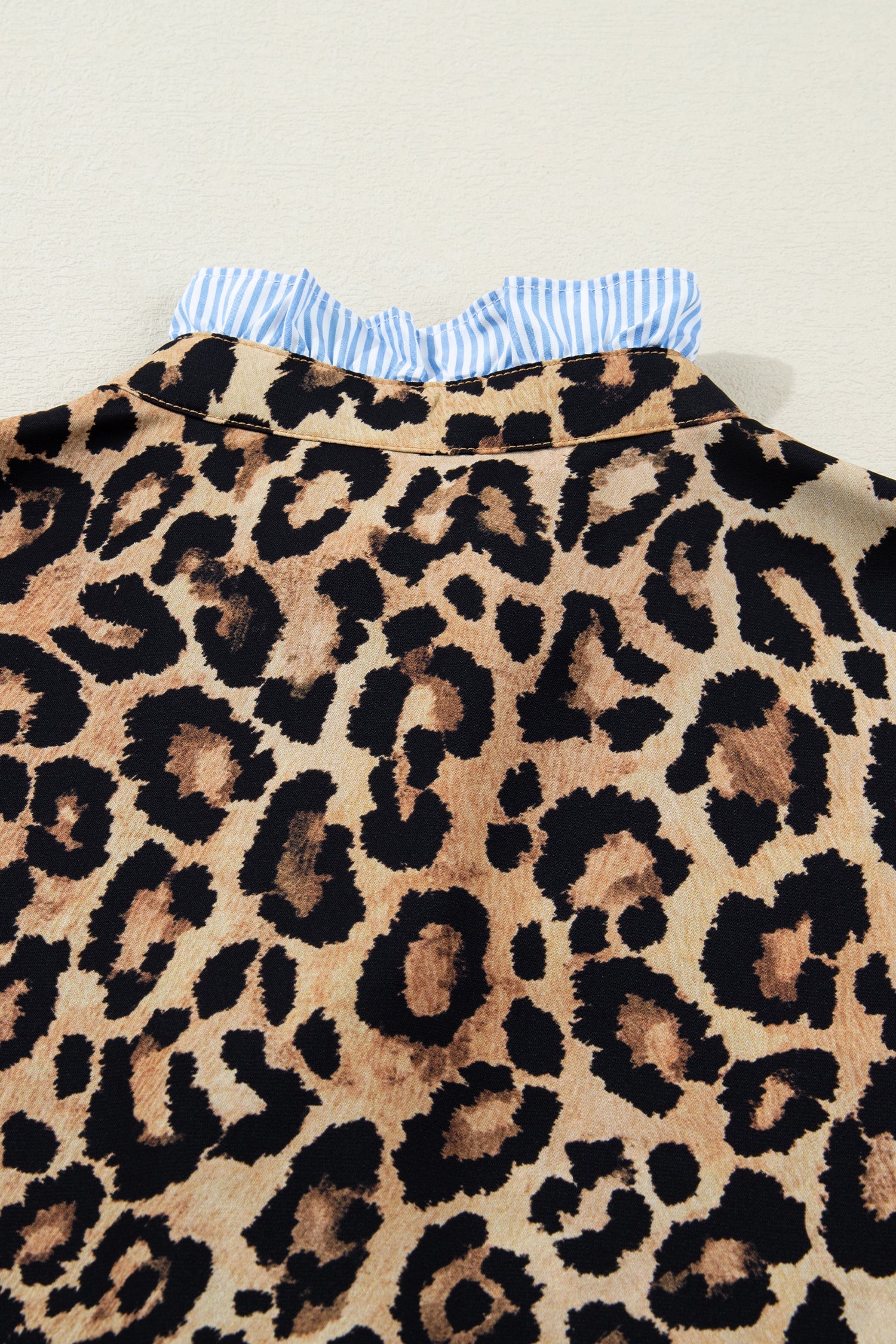 Leopard Print Contrast Striped Frilled Trim Chic Shirt - eAura