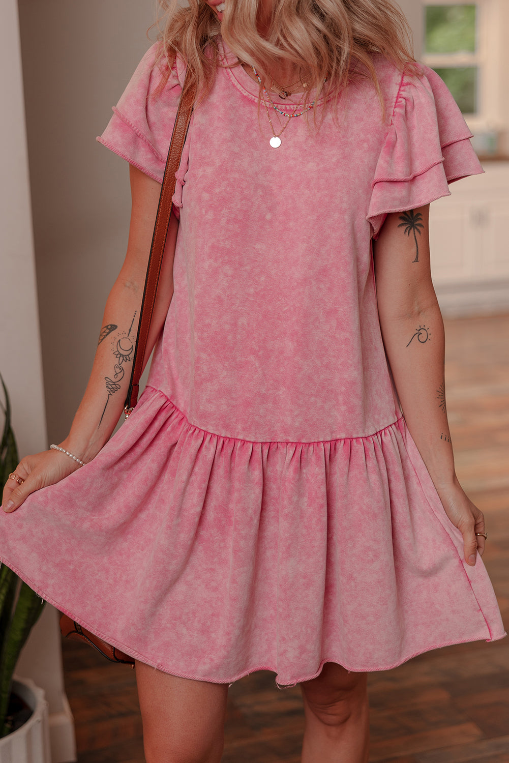 Sachet Pink Mineral Wash Raw Edge Ruffle Mini Dress eAura