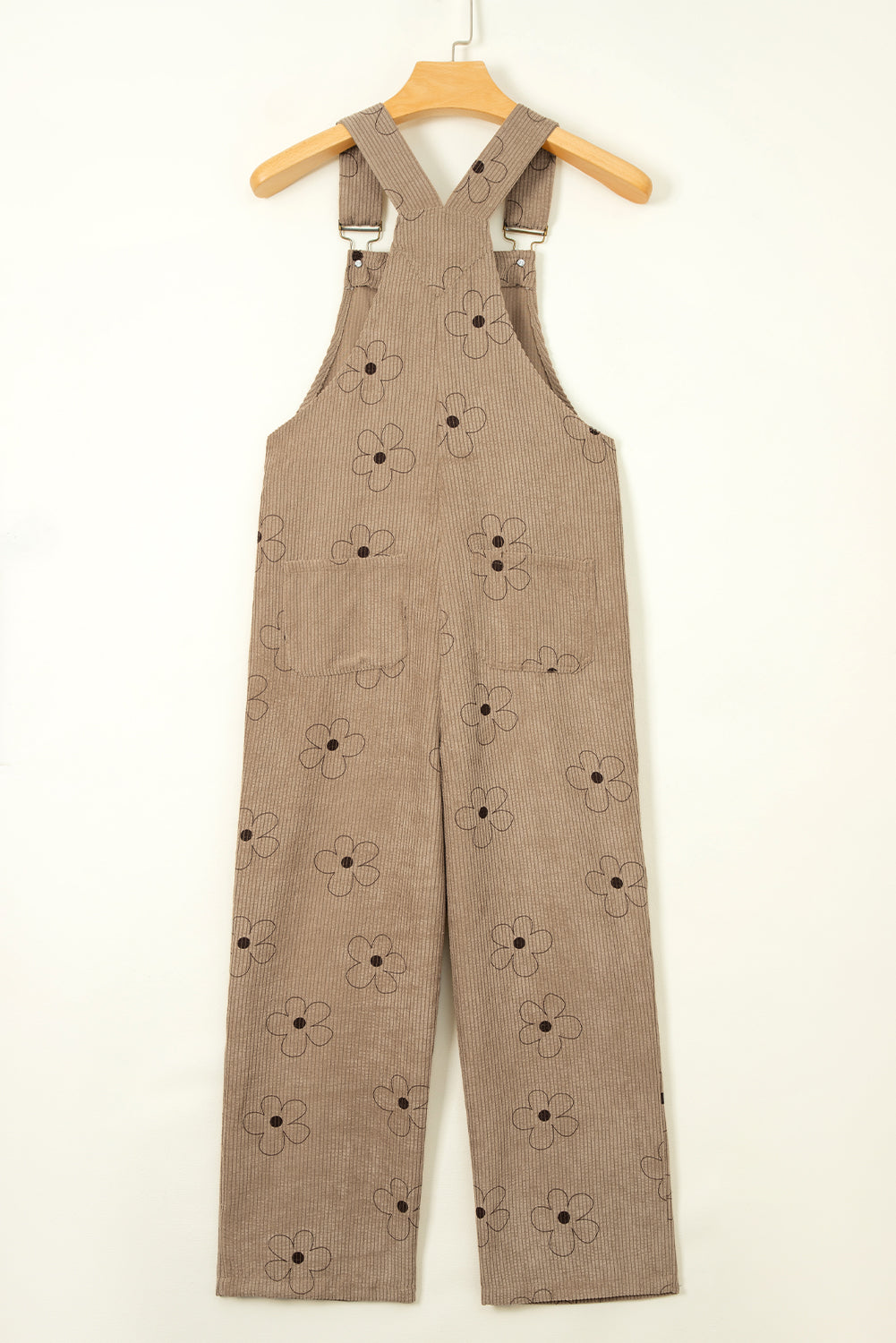Khaki Flower Print Corduroy Overalls eAura