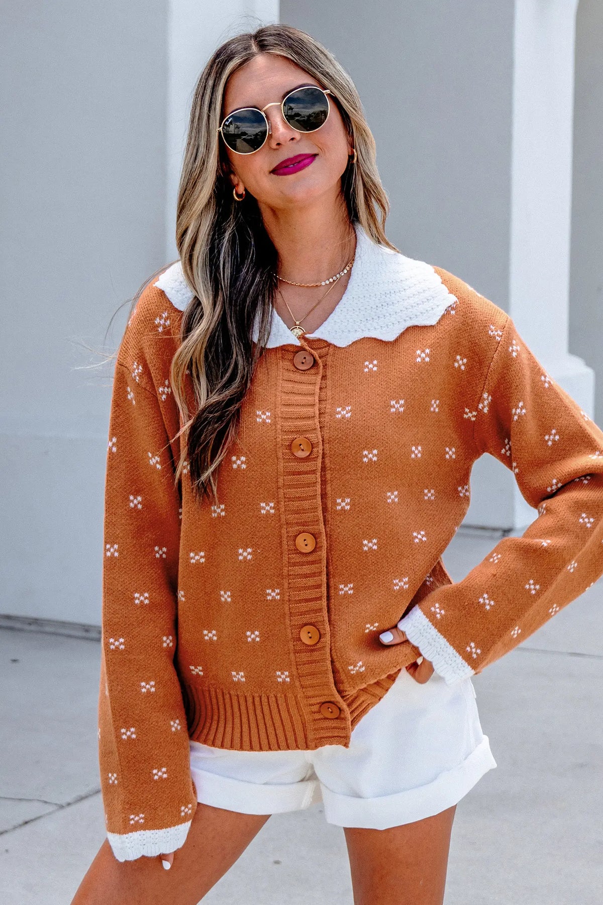 Peter Pan Collar Colourblock Long Sleeve Knitwear Cardigan – Russet Orange