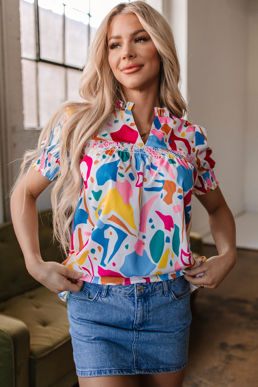Multicolour Abstract Print Lace Detail Shirred Short Sleeve Split Neck Blouse eAura
