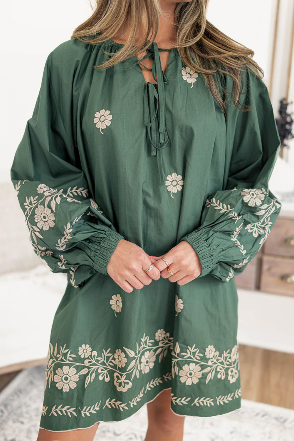 Mist Green Tie Neck Boho Floral Pattern Puff Sleeve Shift Dress eAura
