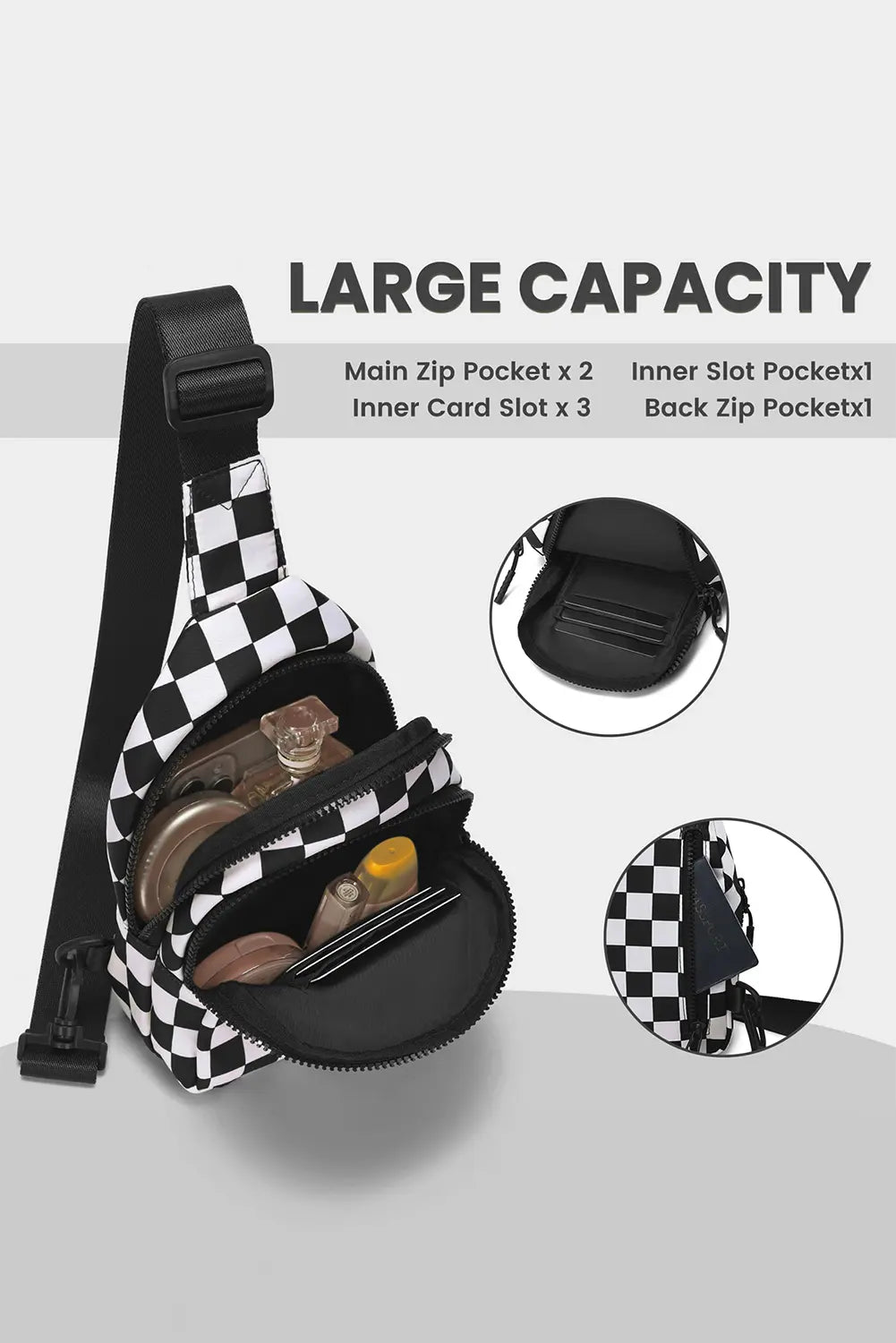 Checkered Print Zip Front Sling Backpack