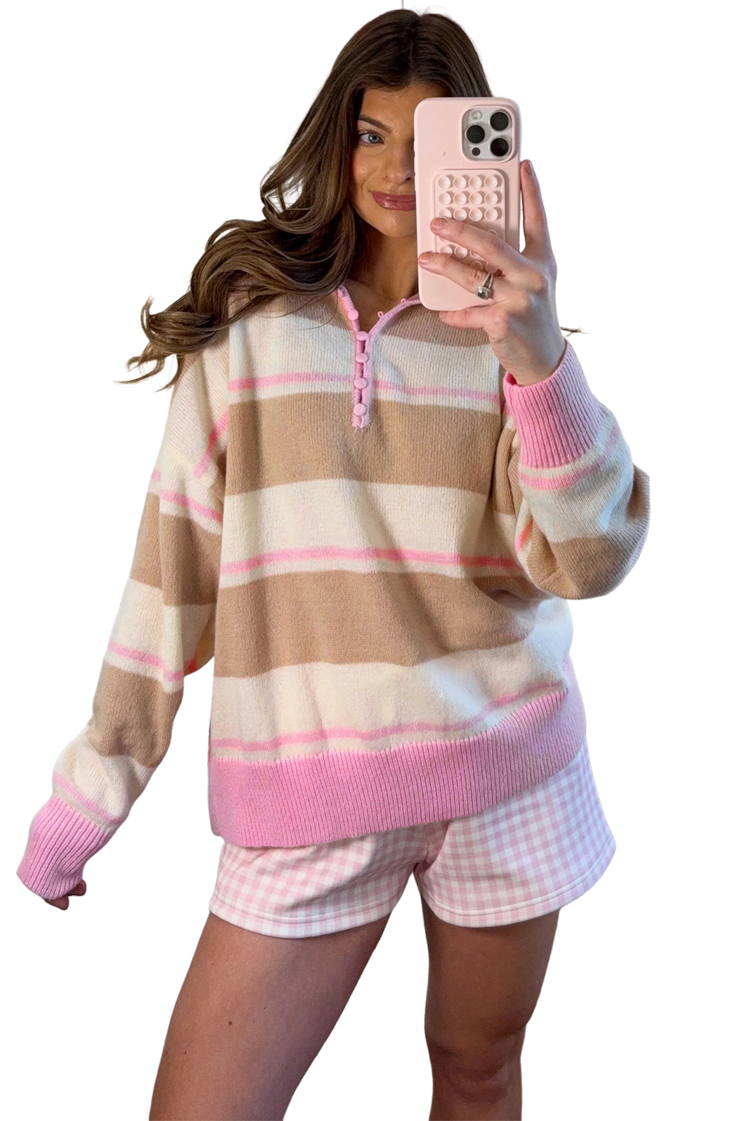 Striped Drop Shoulder Button Placket Long Sleeve Sweater – Khaki Stripe