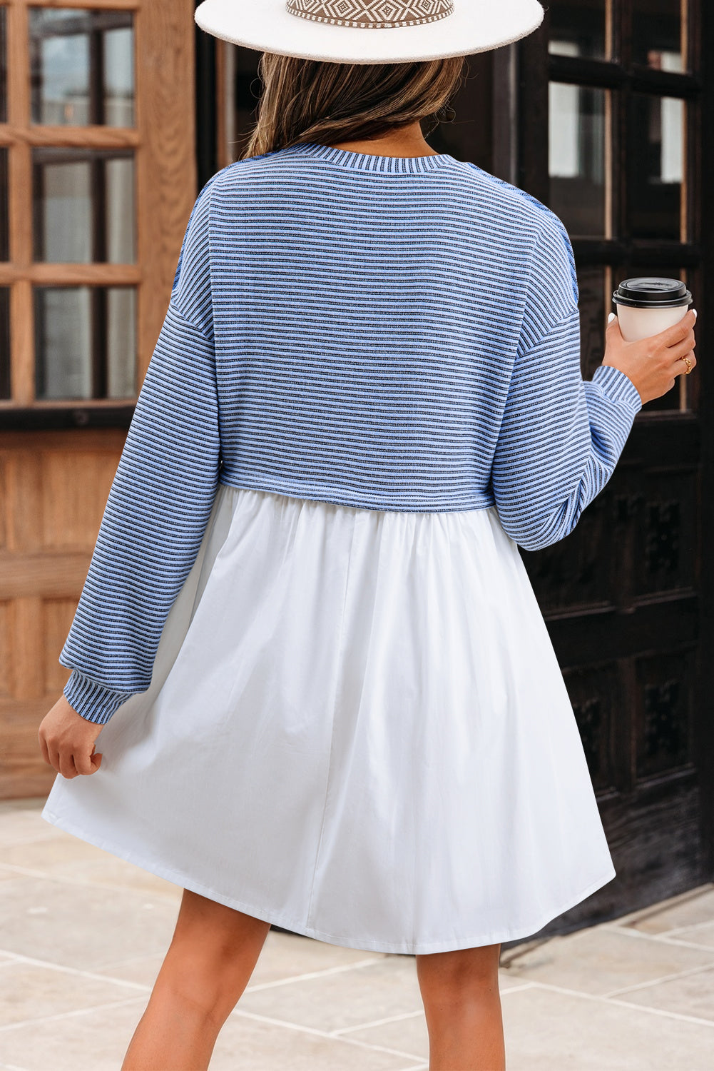 Sky Blue Stripe Patchwork Pleated High Waist Loose Mini Dress eAura