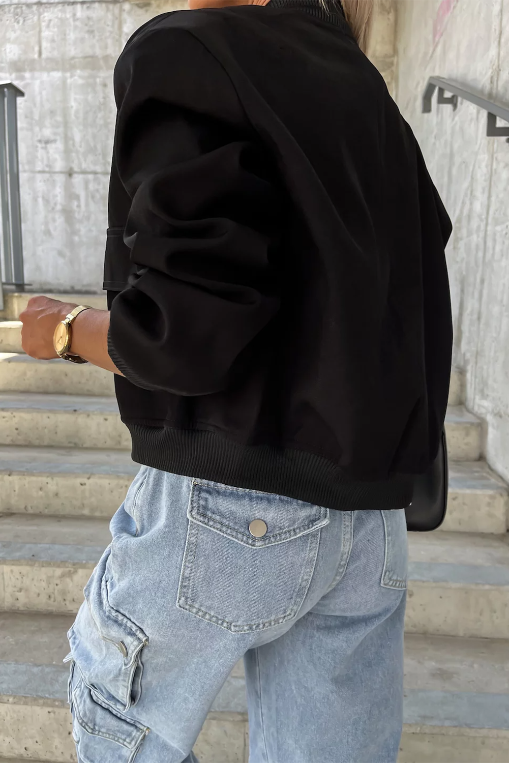 Black Big Pockets Baseball Collar Jacket Beagle Boutique Fashion Outlet