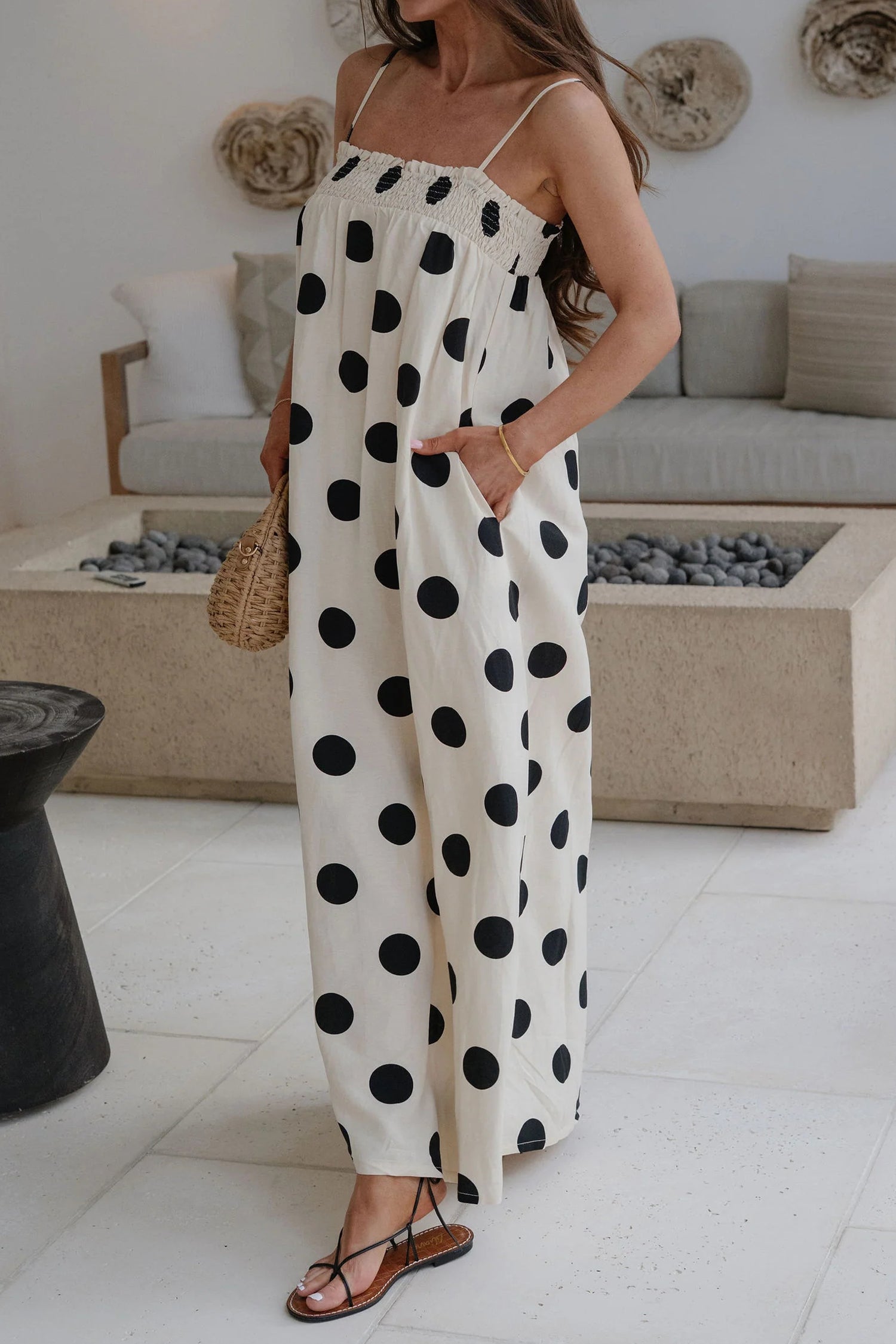 White Polka Dot Spaghetti Strap Maxi Dress