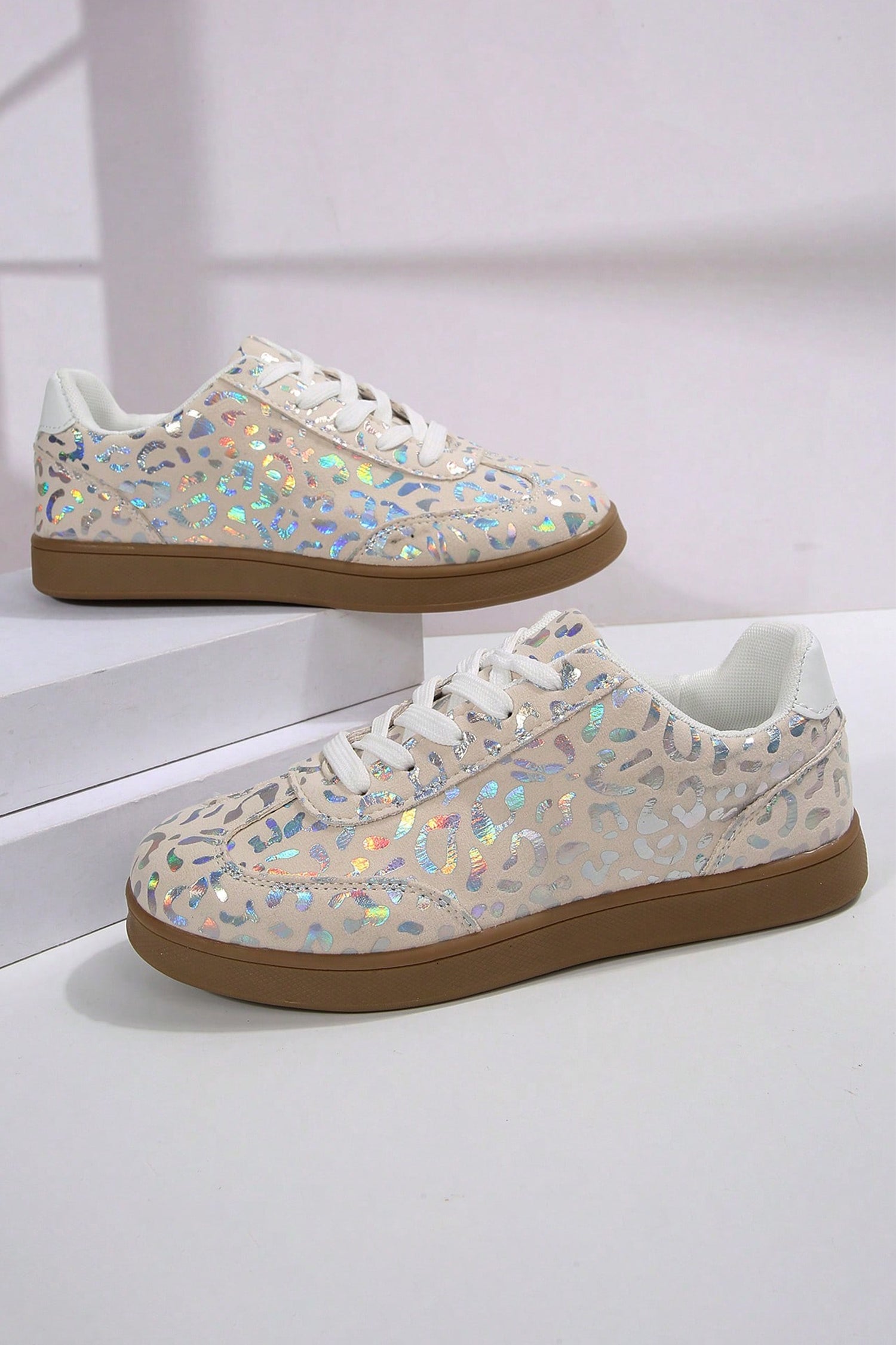 Leopard Print Lace-Up Trainers – White