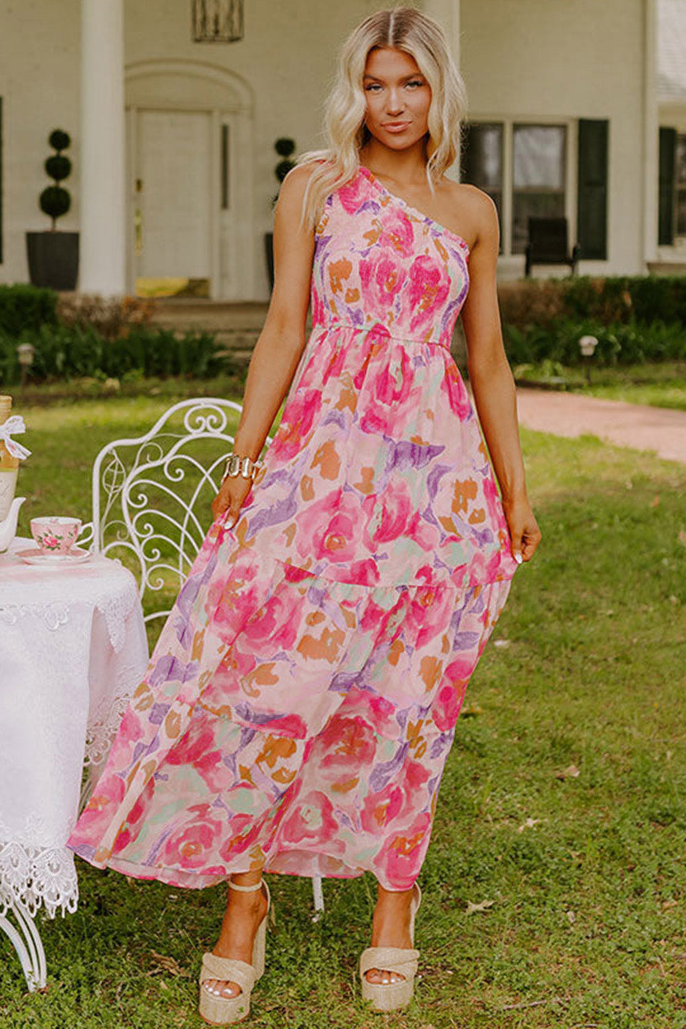 Pink Abstract Floral Print Shirred One Shoulder Maxi Dress eAura