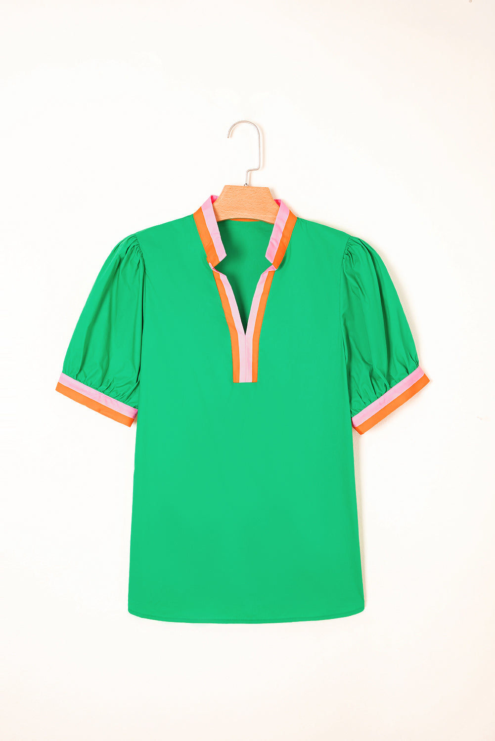 Contrast Striped V Neck Collision Short Puff Sleeve Blouse eAura