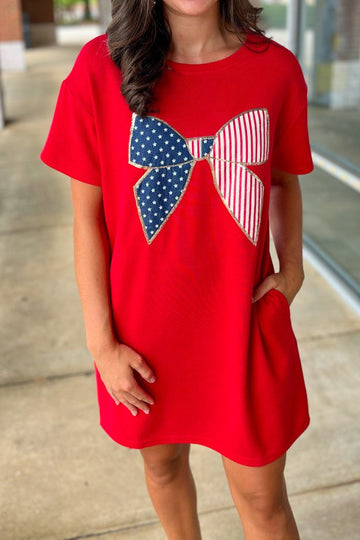 Red Sequin Trim Stars and Stripes Bow Patched T-Shirt Dress