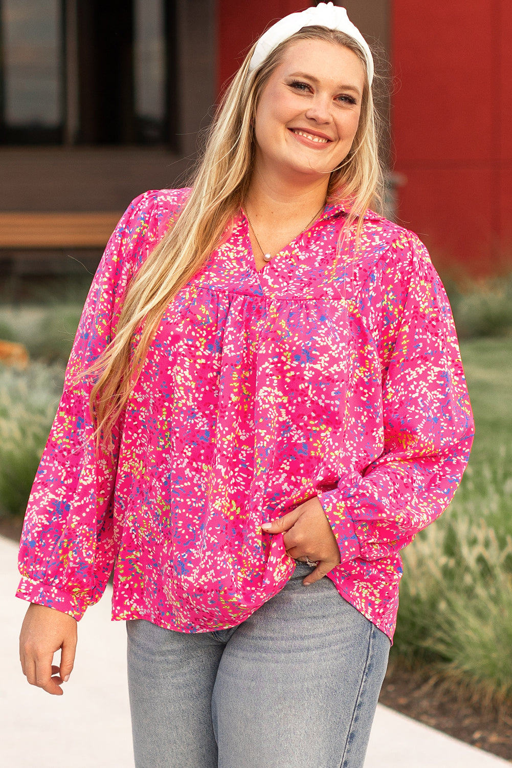 Purple Plus Size Floral Print Puff Sleeve V Neck Blouse BB Fashion Outlet