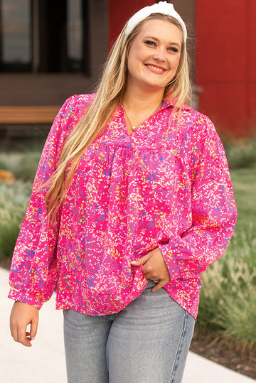 Purple Plus Size Floral Print Puff Sleeve V Neck Blouse BB Fashion Outlet