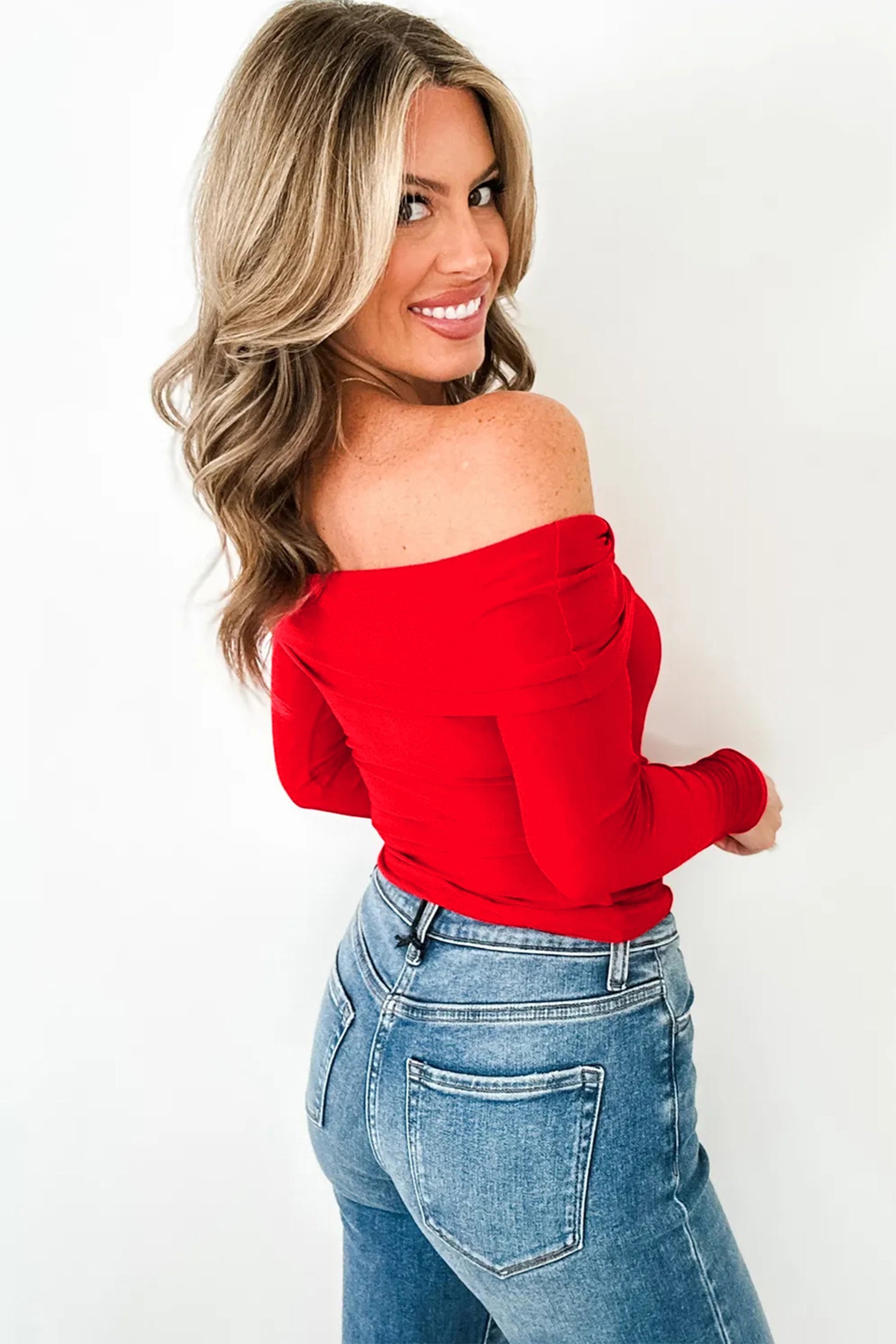 Foldover Off The Shoulder Long Sleeve Slim Top - eAura