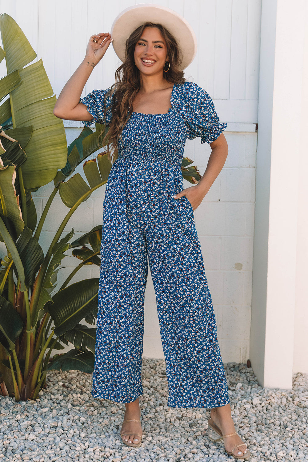 Blue Vintage Boho Floral Smocked Short Puff Sleeve Wide Leg Jumpsuit eAura