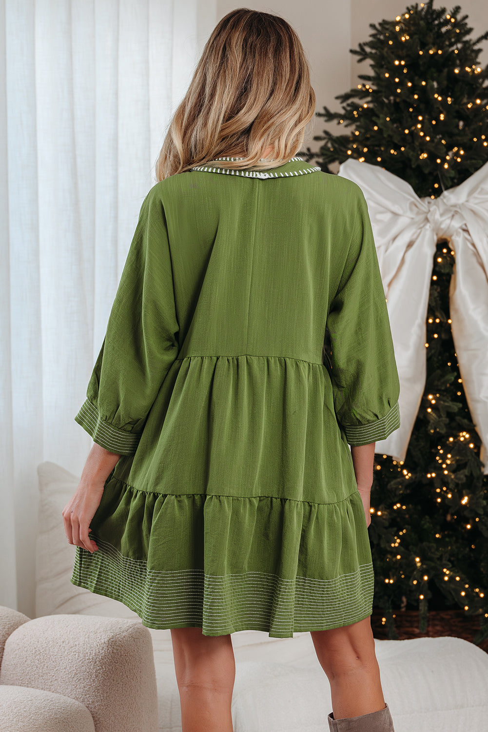 Contrast Stitched V-Neck 3/4 Sleeve Tiered Mini Dress - eAura