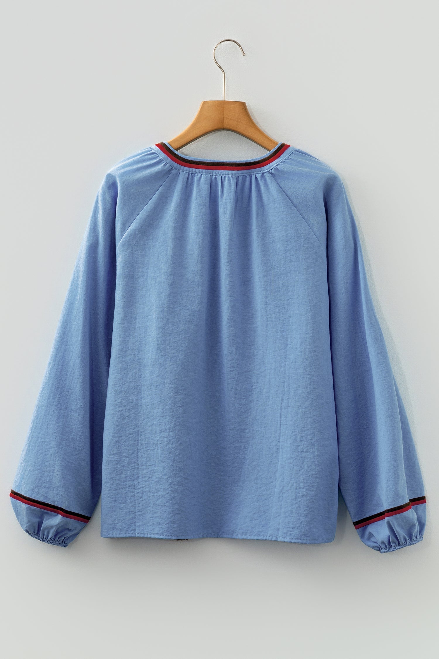 Floral Embroidered Split Neck Tassel Tie Puff Sleeve Blouse - eAura