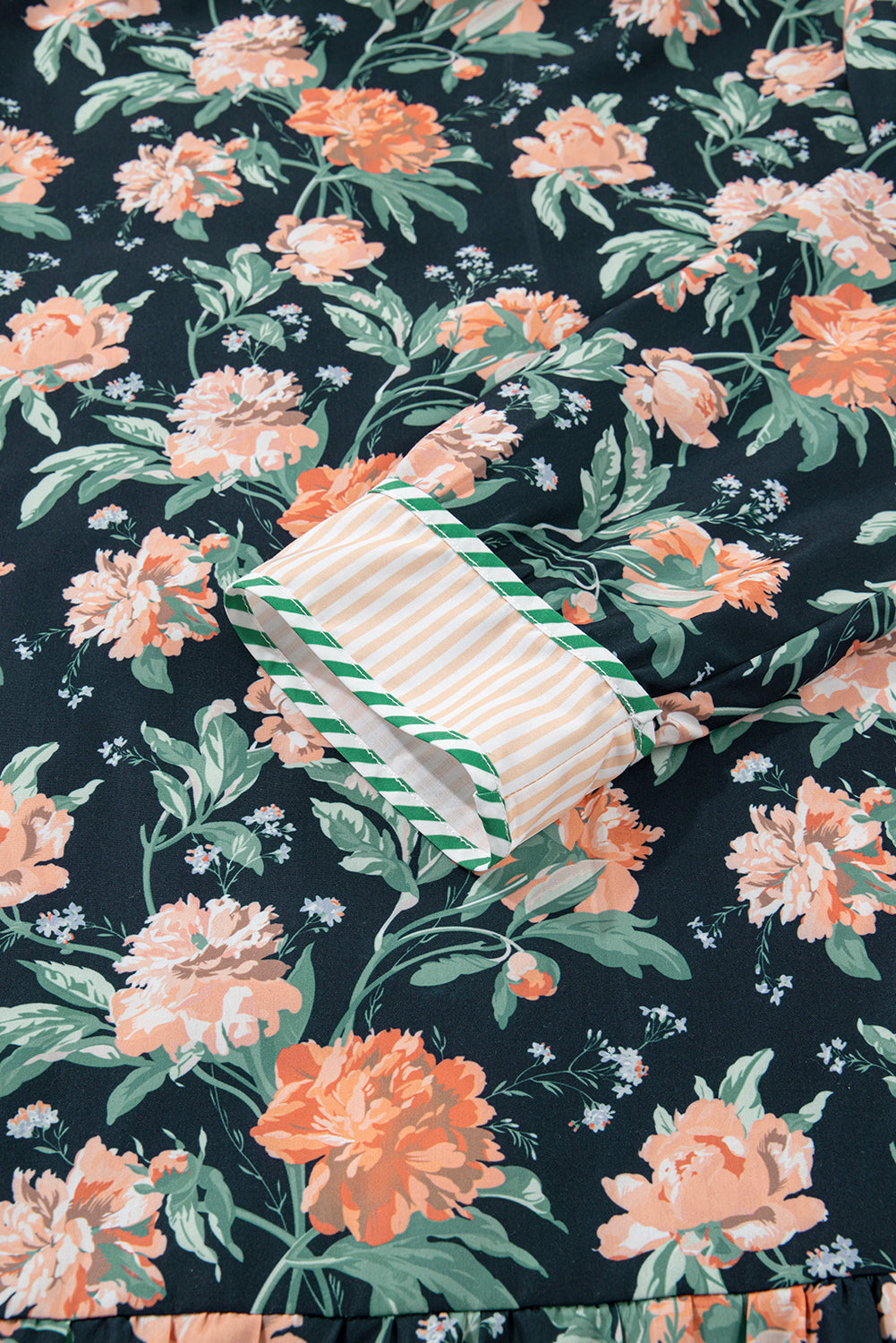 Floral Print Striped Trim V-Neck Long Sleeve Ruffle Hem Shift Mini Dress - eAura