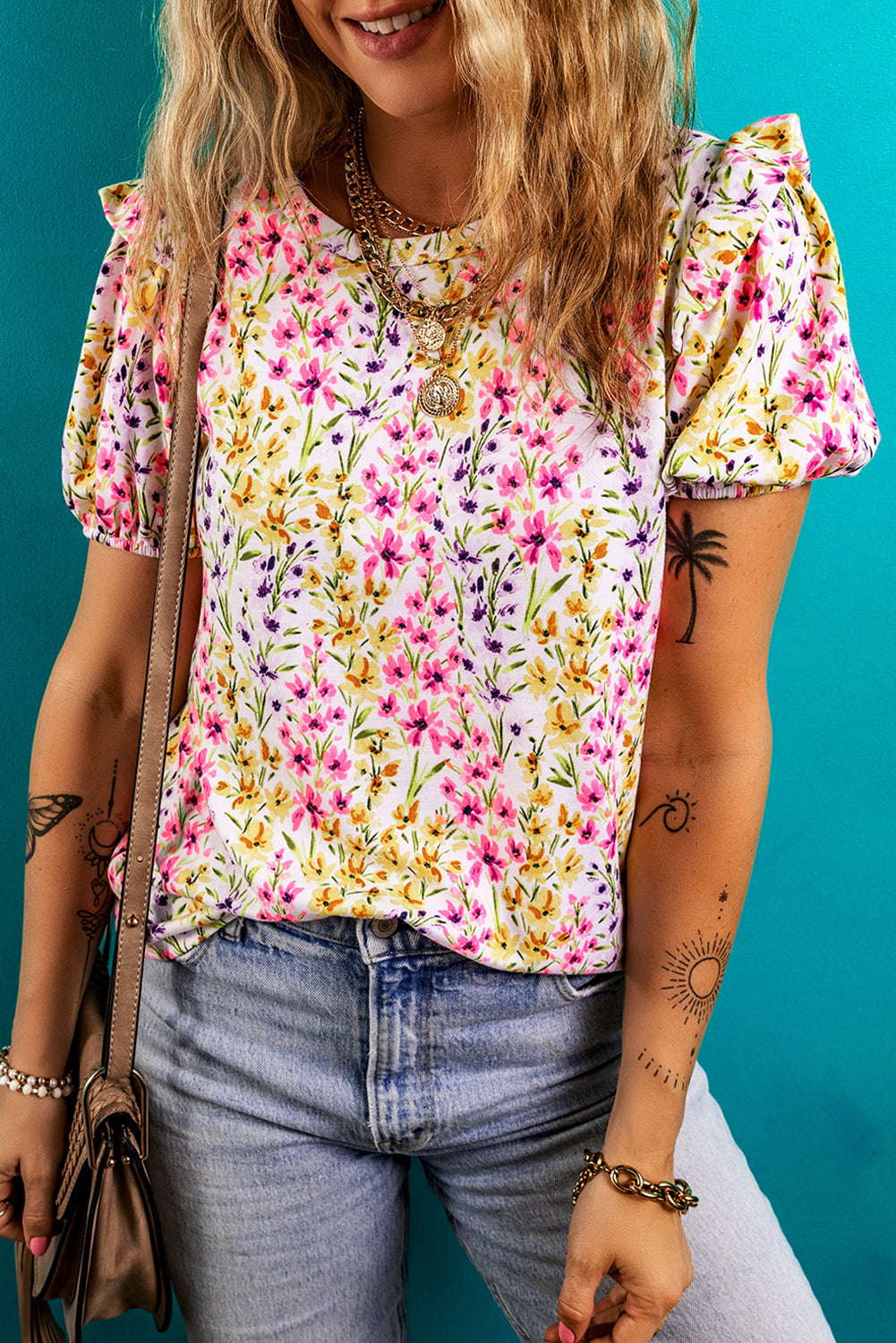 Pink Floral Puff Short Sleeve Crewneck Blouse eAura