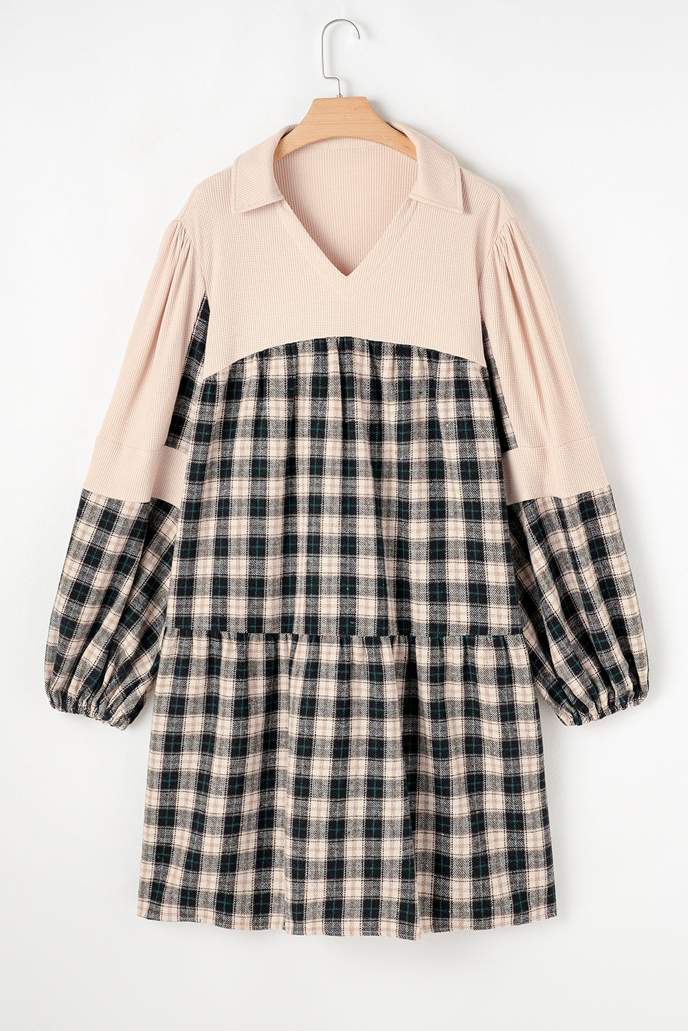 Black Plaid Waffle Knit Patchwork Collared V Neck Plus Size Mini Dress BB Fashion Outlet