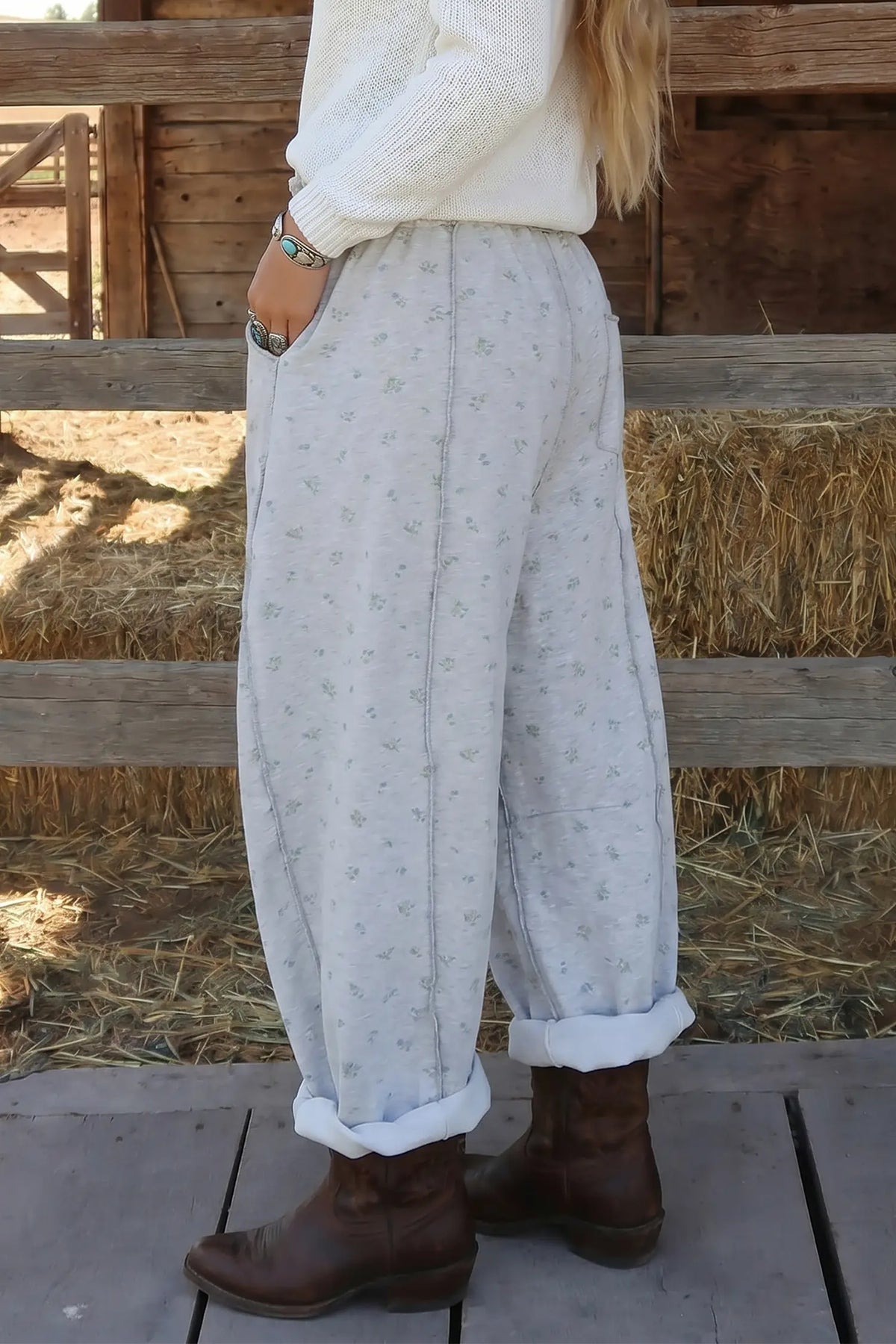 Floral Print Elastic Waist Regular Fit Pants – Grey