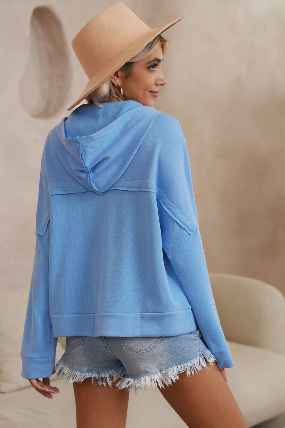 Sky Blue Casual Button Solid Patchwork Trim Hoodie eAura