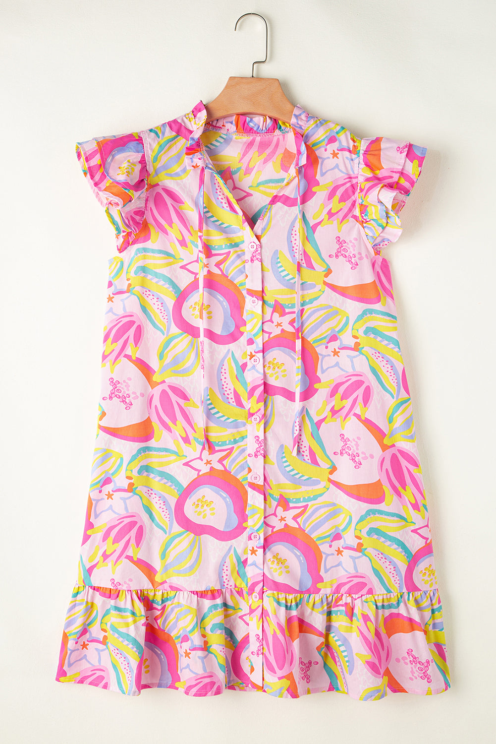 Pink Abstract Floral Ruffle Trim Flutter Sleeve Buttoned Dress eAura