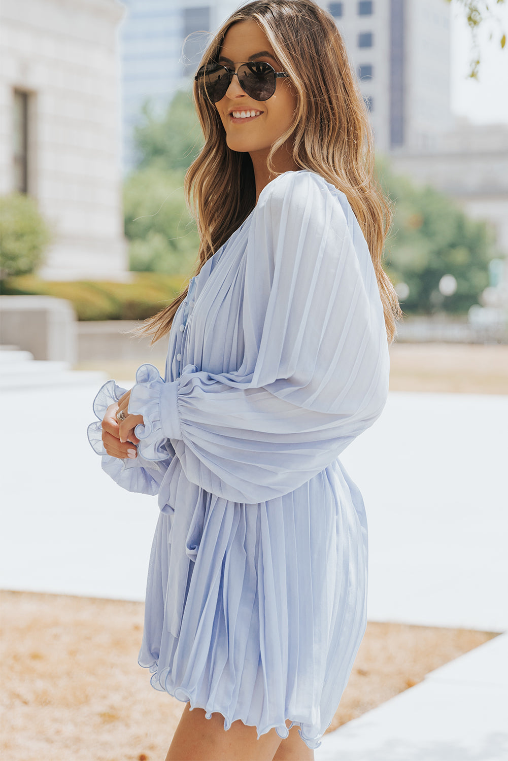 Pink Pleated Ruffled Tie Waist Buttons V Neck Romper eAura