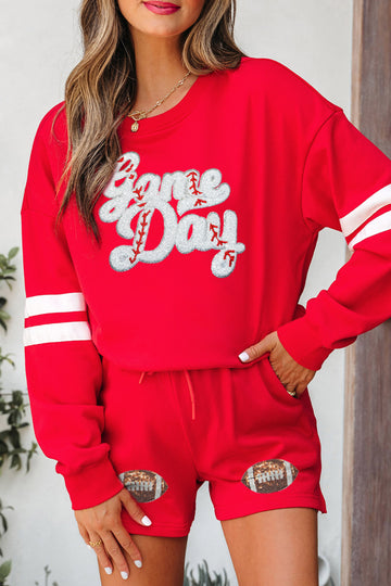 Glitter Game Day Slogan Football Patch Varsity Graphic Two Piece Set – Fiery Red