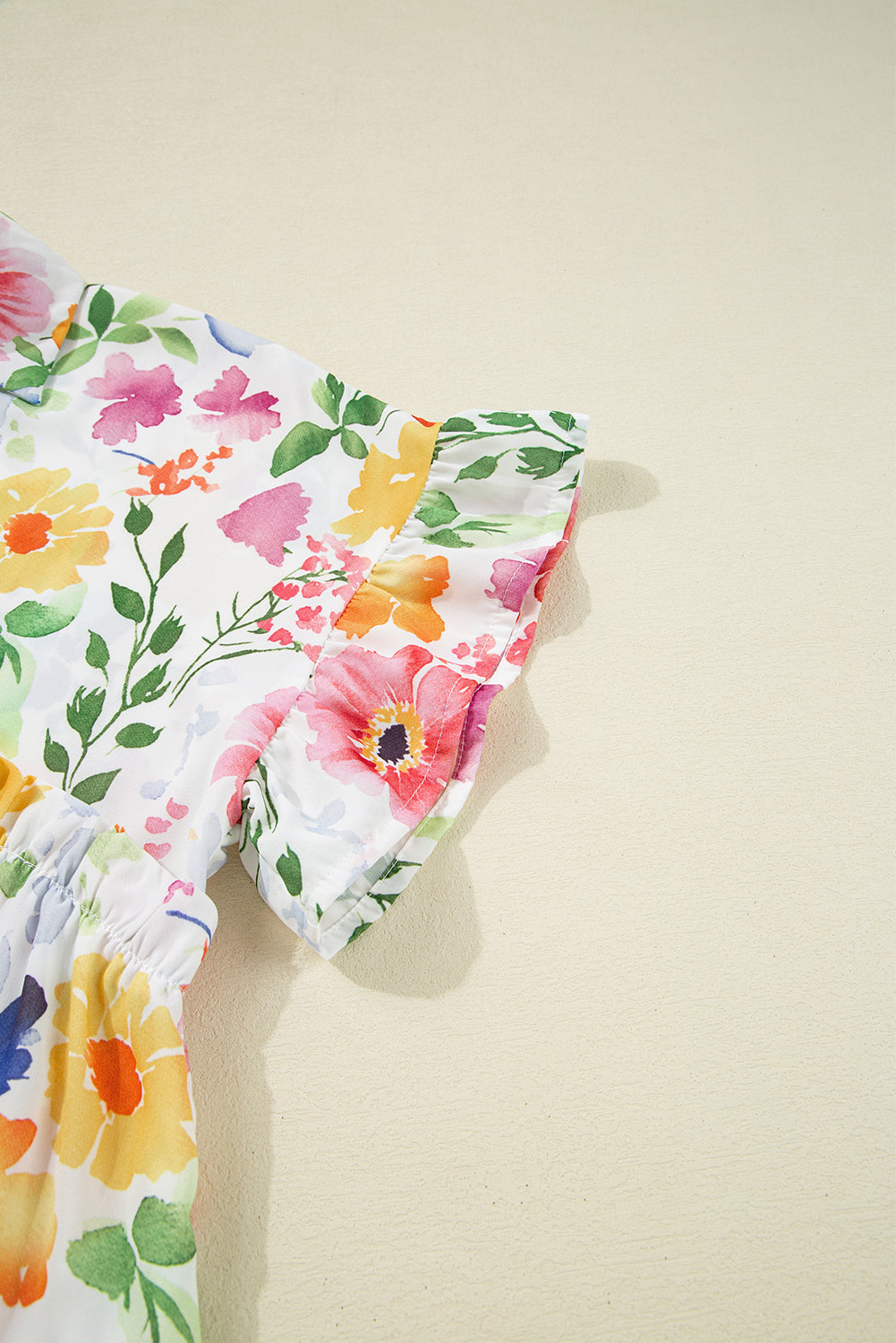 Yellow Floral Boxy Fit Ruffled Short Sleeve V Neck Blouse eAura