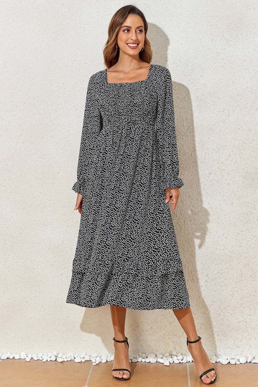 Black Floral Printed Long Sleeve Square Neck Midi Dress eAura