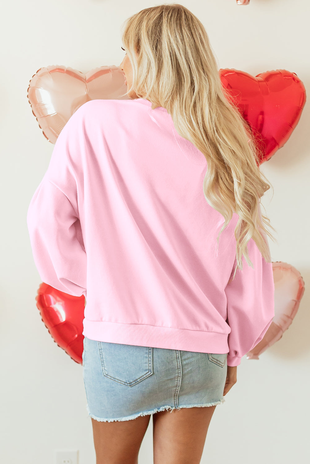 Light Pink Embroidered Bow Lantern Sleeve Oversized Pullover Sweatshirt eAura