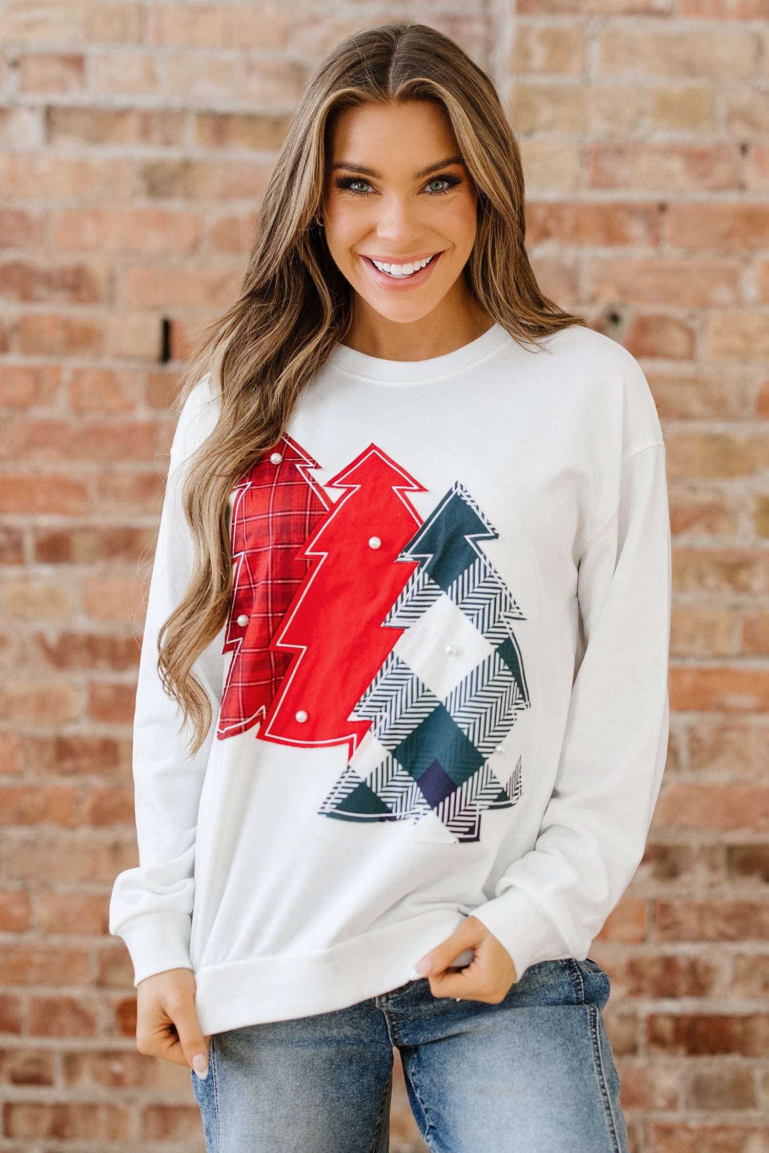 Pearl Plaid Christmas Tree Patched Drop Shoulder Sweatshirt - eAura