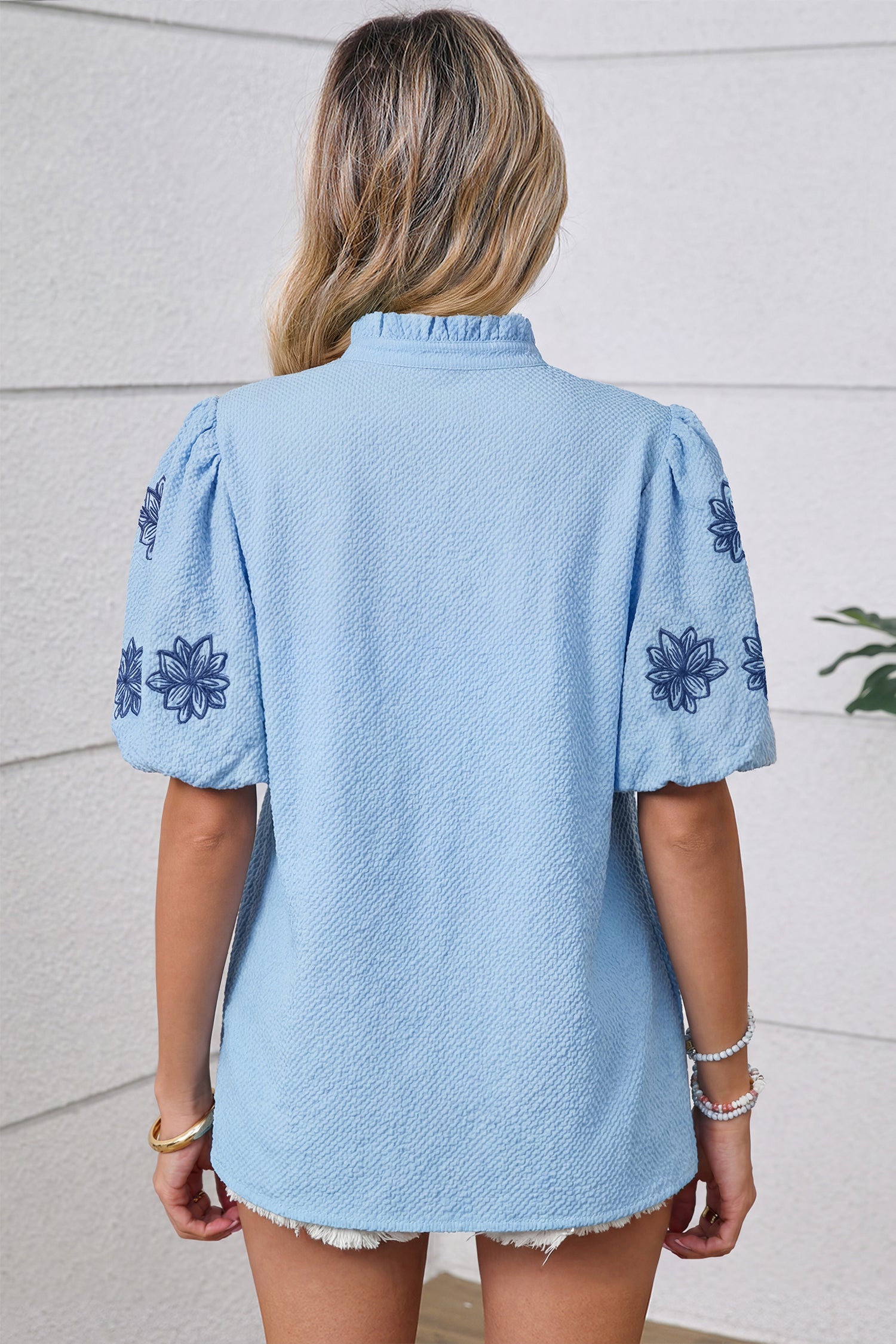 Floral Embroidered Puff Sleeve Split Neck Textured Blouse