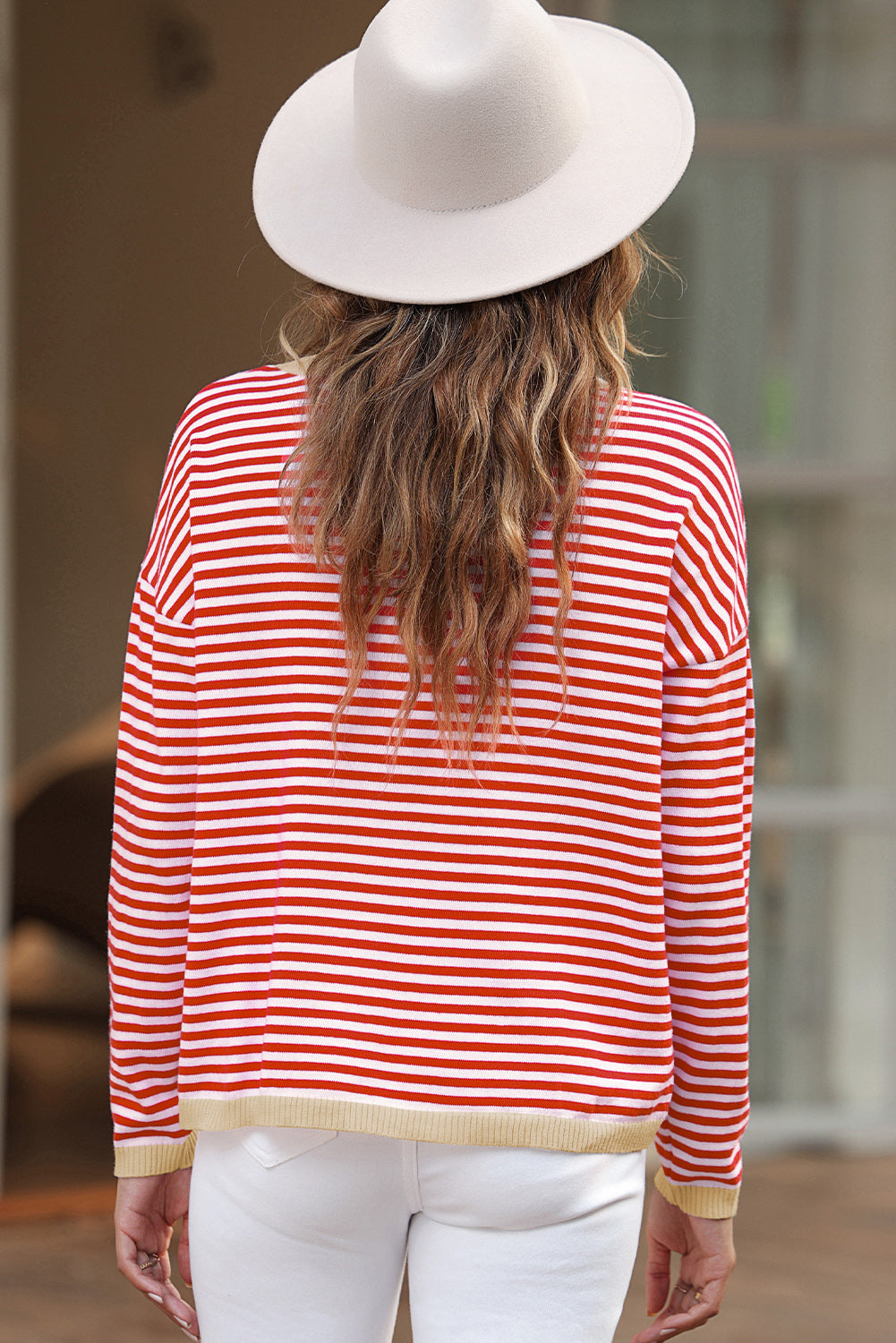 Fiery Red Contrast Trimmed Striped Drop Shoulder Sweater eAura