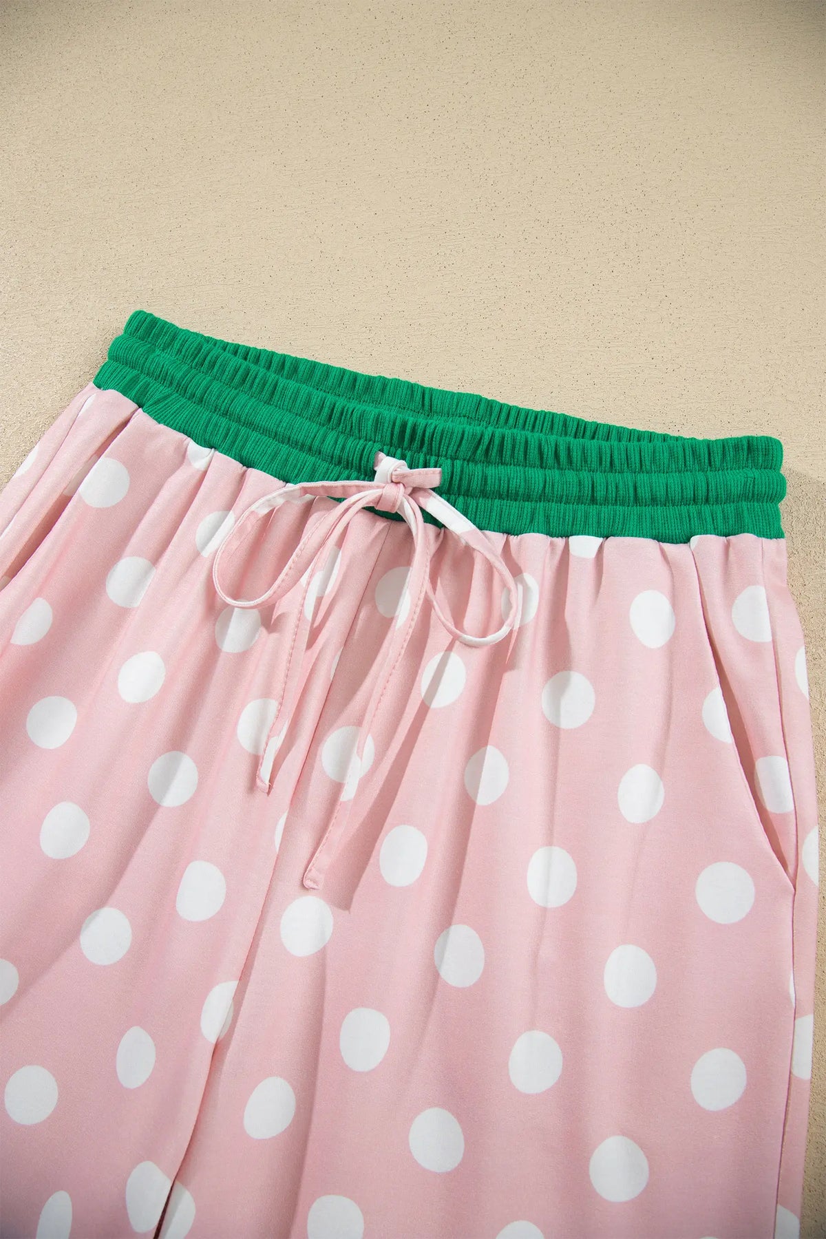 Polka Dot Contrast Trim Long Sleeve Top Drawstring Shift Pants Set – Pink
