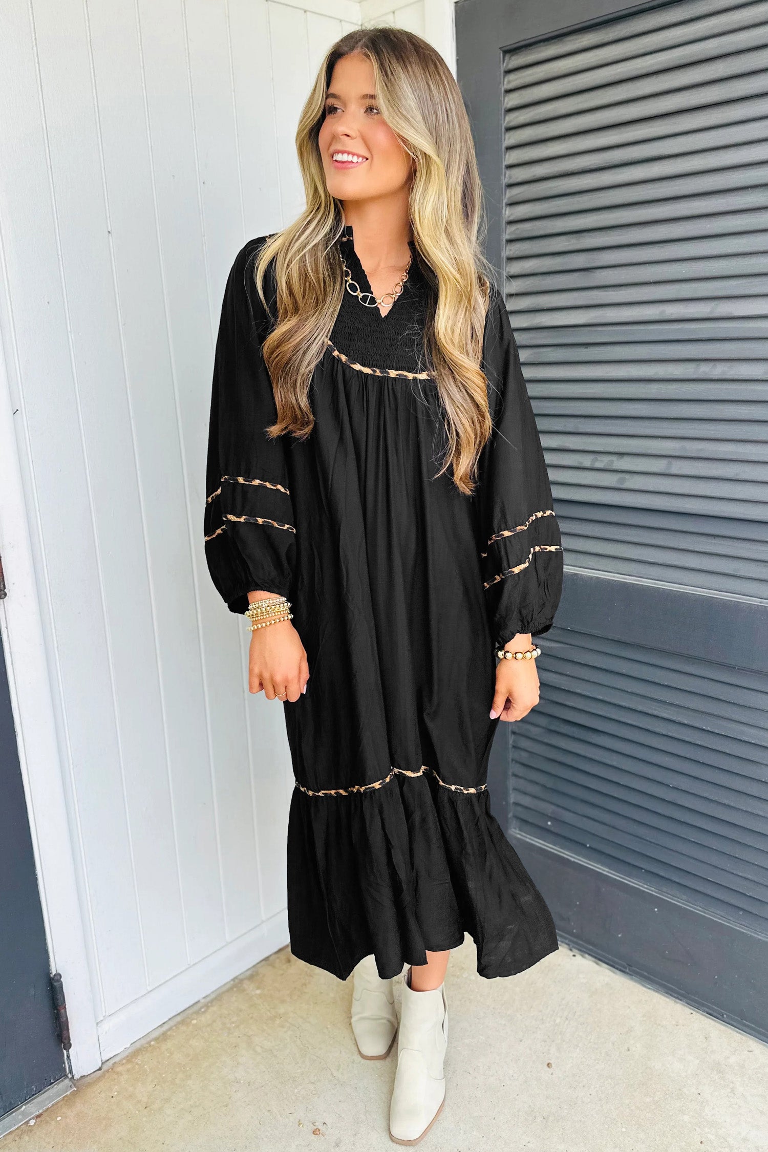 Contrast Leopard Trim Split Neck Long Sleeve Casual Midi Dress
