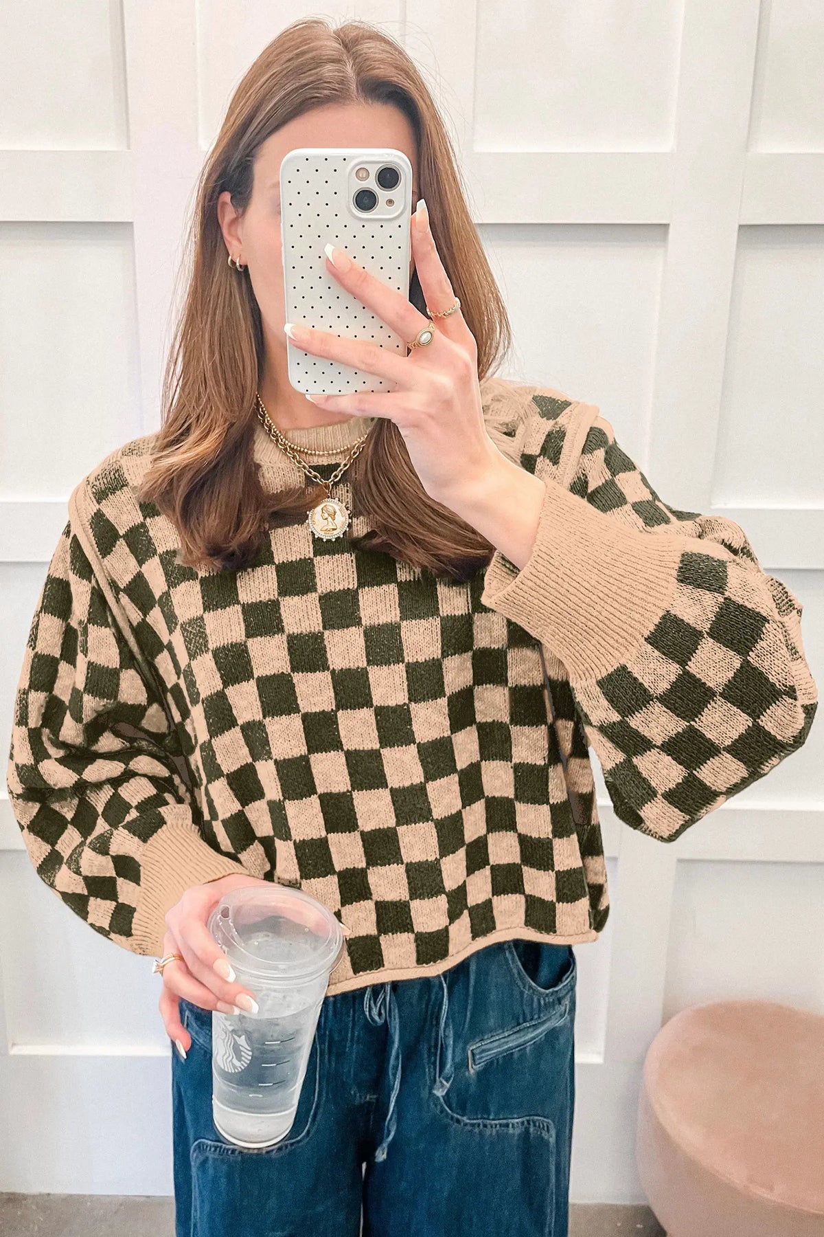 Drop Shoulder Plaid Knit Long Sleeve Sweater – Multicolour